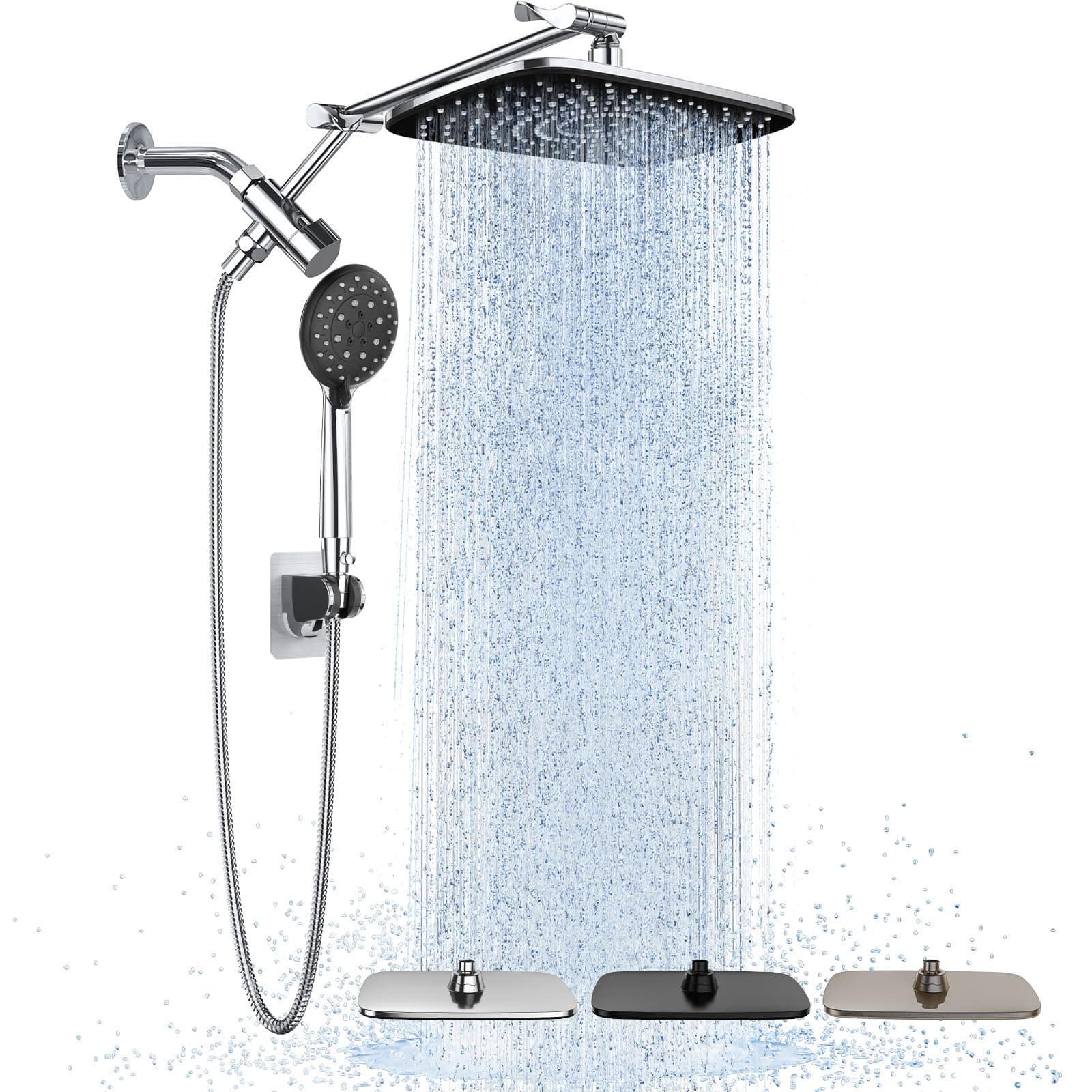 Veken Wide High Pressure Rain Shower Head with Handheld, Handheld Shower Heads with Multi Spray Modes, Rainfall Combo with 15" Metal Extension Arm,Detachable Dual Shower, Bathroom Decor,Chrome Silver