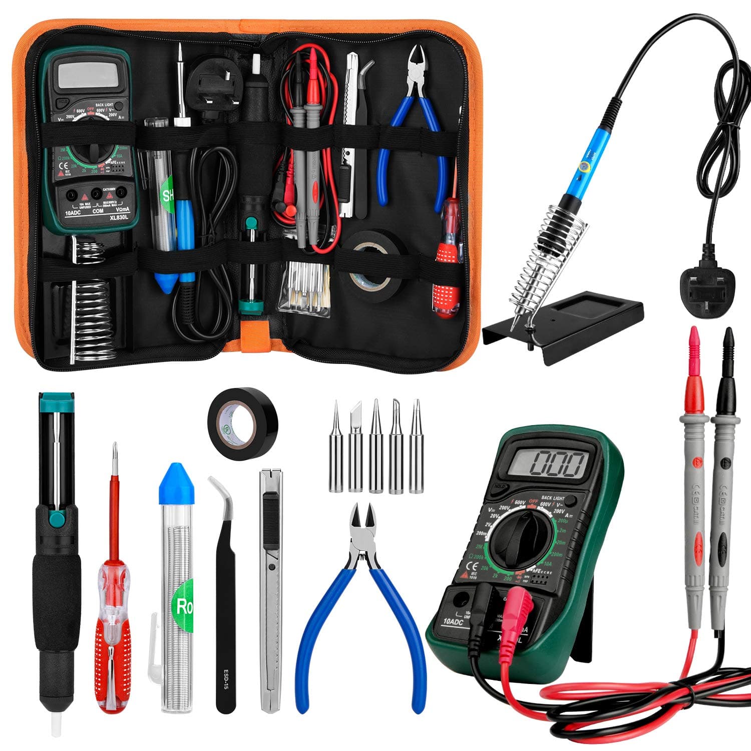 Soldering Iron with Multimeter,EletecPro 60W Adjustable Temperature Soldering-Iron Gun Kit with Desoldering Pump, Soldering Station, Tweezers, Wire Stripper Cutter, CE Listed ¡