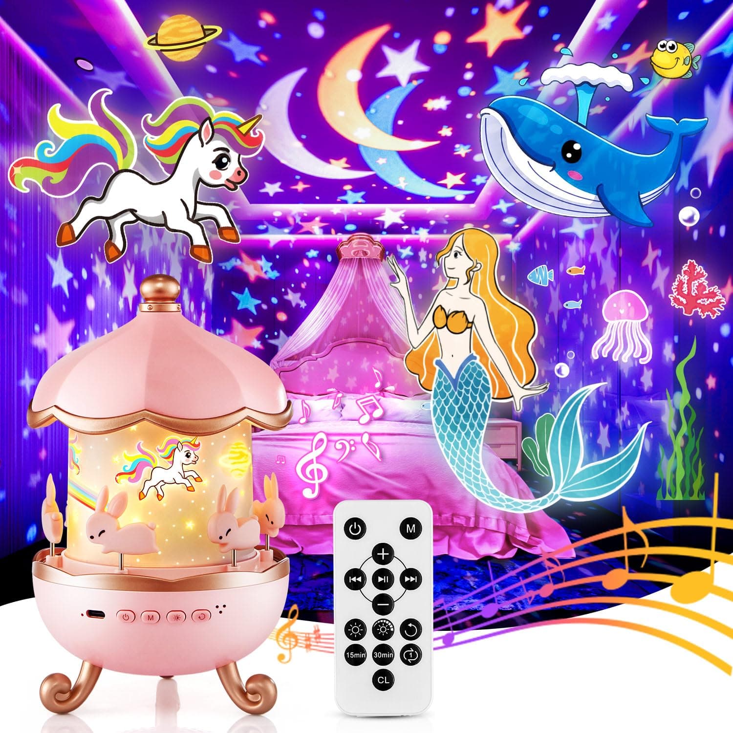 One Fire kids Night Light Projector,Kawaii Room Decor 15 Films+10 Sound Machine Baby Night Lights for Nursery, Remote Toddler Night Light for,Rechargeable Nightlight for Kids Room,Baby Girl Gifts