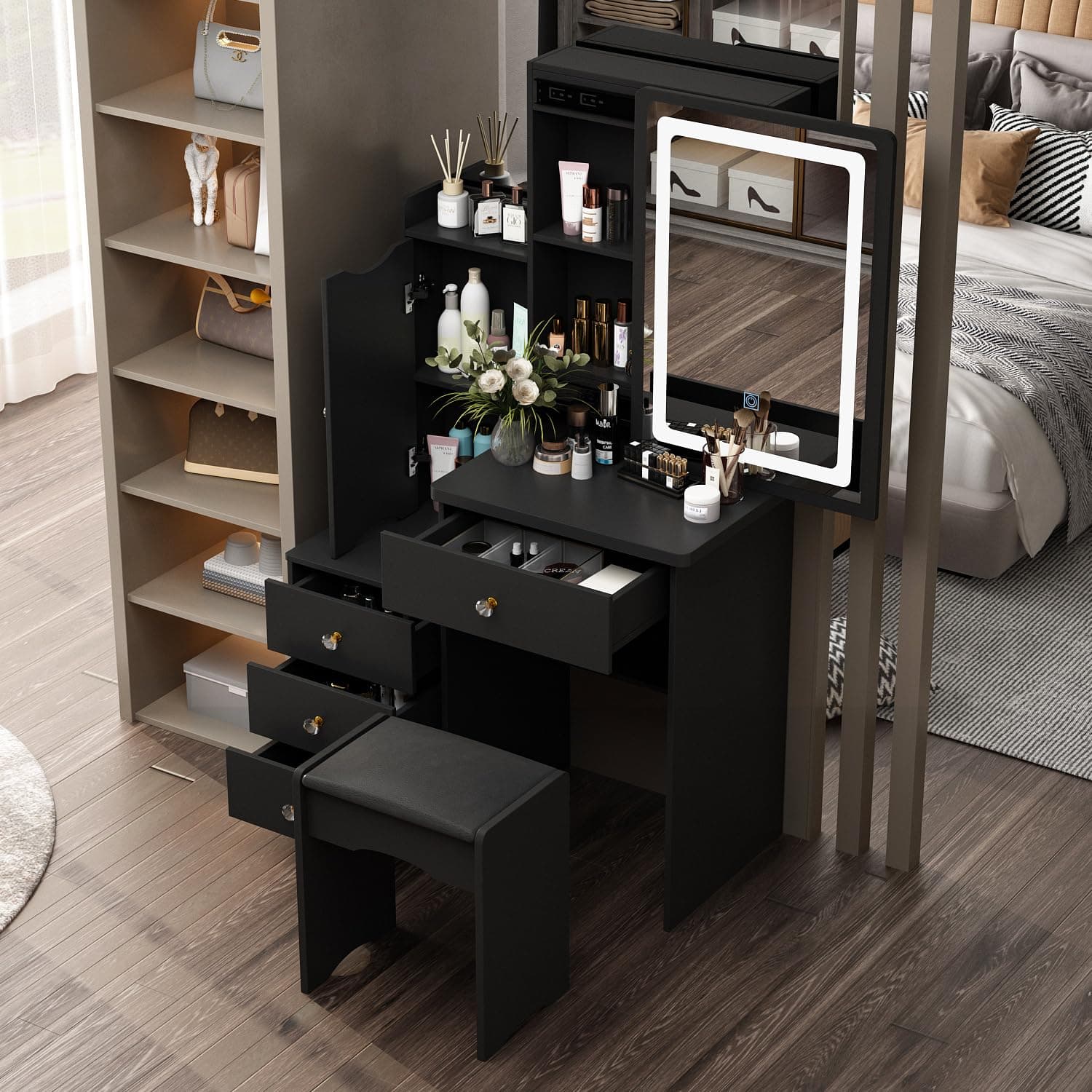Homsee Vanity Desk Set Makeup Table with Large Sliding Lighted Mirror, Dressing Table with 4 Drawers, Hidden Storage Shelves & Cushioned Stool for Bedroom, Black