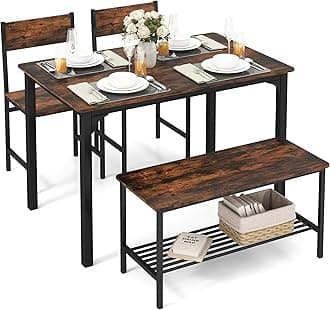 Tangkula4-Piece Dining Table Set, Kitchen Table with Bench and Chairs, Metal Frame, Space-Saving Furniture, Modern 4-Person Dinette for Kitchen, Dining Room