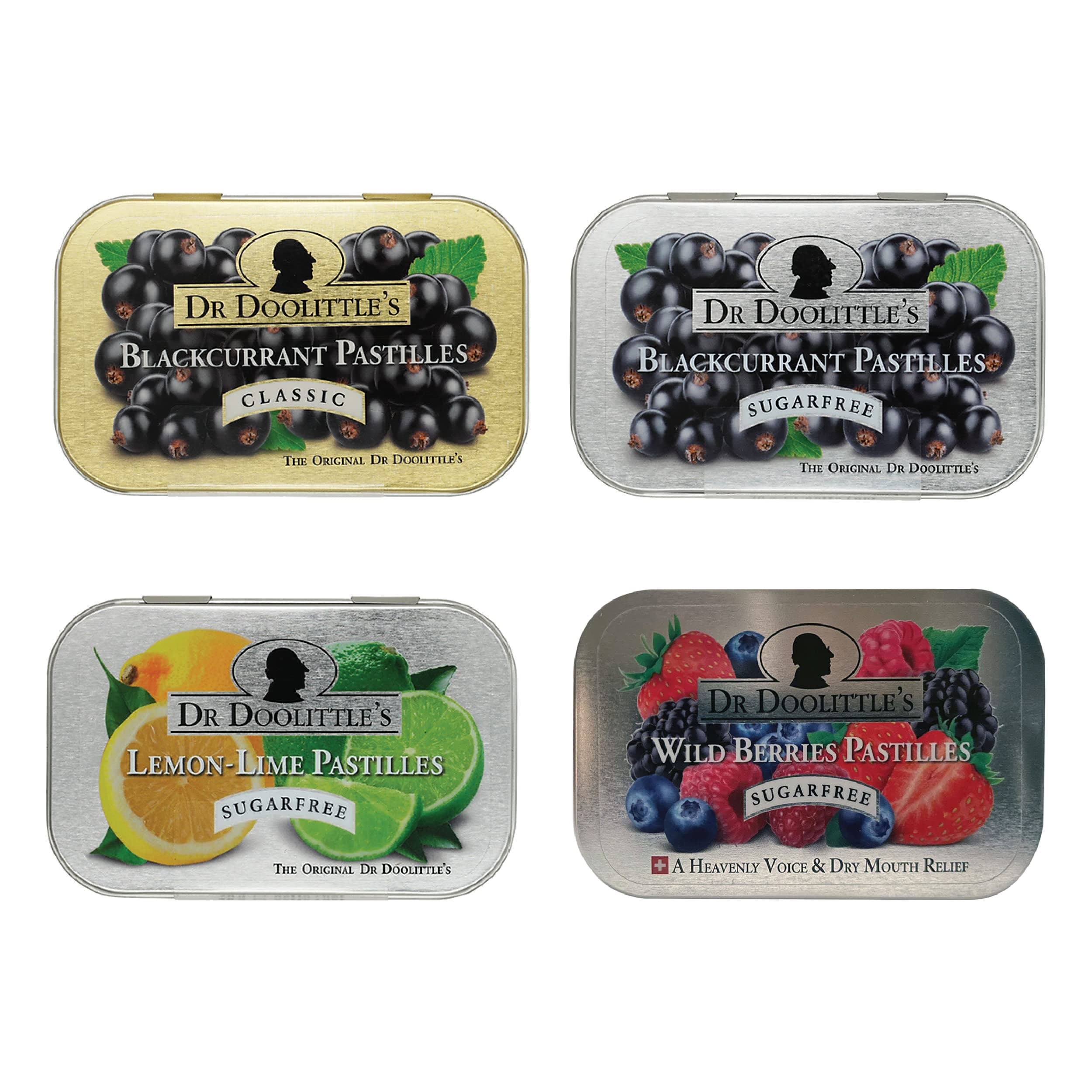 Dr. ’s Soft Fruit Pastilles Sugar Free Variety Pack for Voice and Throat, Blackcurrant, Lemon Lime, and Wild Berries, 2.12 Ounce Tin, 25 Count Package, 4 Pack