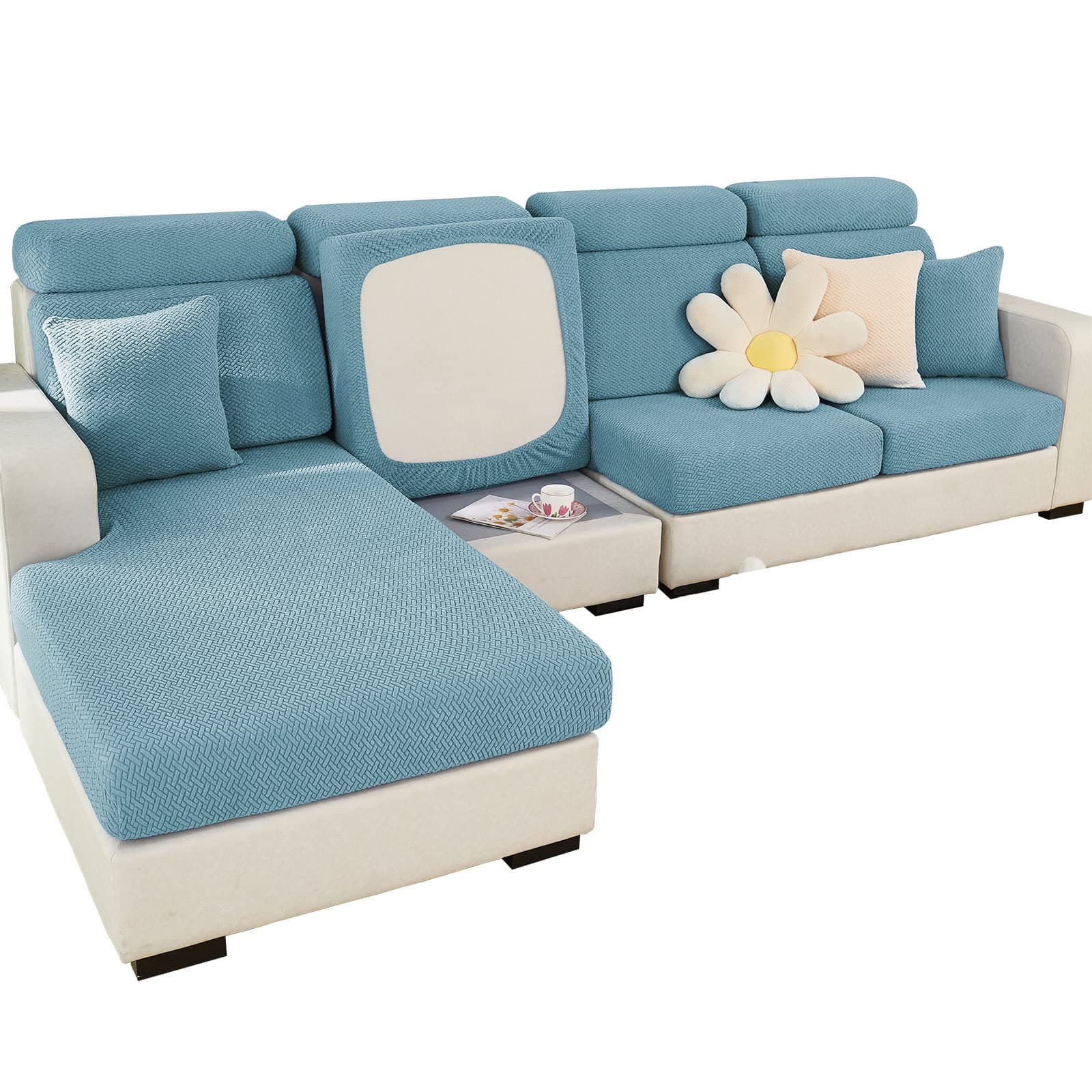 MIFXIN Magic Sofa Cover Stretch Universal Couch Cushion Covers L Shape Sectional Sofa Cushion Slipcover Furniture Protector (Weave Blue, Pillow Cover)