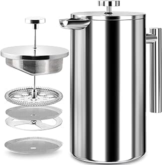 KICHLY Cafetiere 2 Cups Stainless Steel French Press Coffee Maker, Coffee Press with 3 Level Filtration System - Double Walled Insulated Caffettiere with 1 Extra Filter - 350ml / 12Oz - Silver