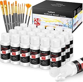 Caliart White Acrylic Paint With 12 Brushes, 24 Titanium White Paint (59ml, 2oz) Art Craft for Artists Kids Students Beginners & Painters, Aesthetic Cute Preppy Stuff School Supplies, Canvas Halloween Pumpkin Ceramic Rock Painting Art Supplies