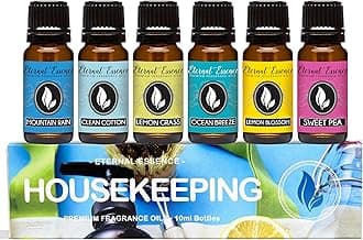 Eternal Essence Oils Housekeeping - Gift Set of 6 Premium Fragrance - Clean Cotton, Lemon Blossom, Lemon Grass, Sweet Pea, Ocean Breeze and Mountain Rain - 10ML