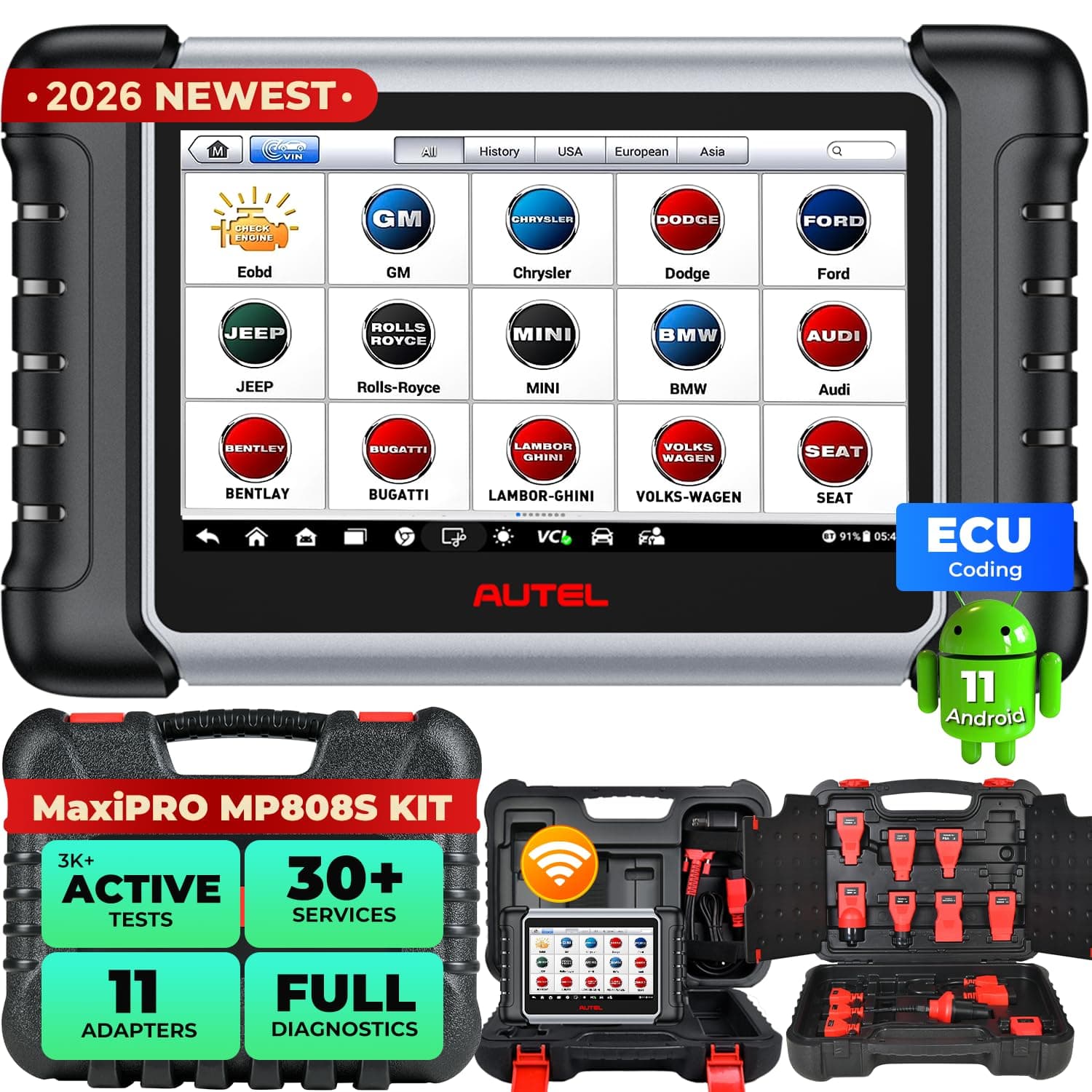 2026 Autel MaxiPRO MP808S KIT Scanner, 2-Year Update of MP900Z-BT MP900-BT KIT, ECU C0ding, 31+ Reset, 3000+ Test, Alternative to MaxiSYS MS906 PRO, w/ $200 11PCS OBD Cables, Up of MK808S MX900 MK900