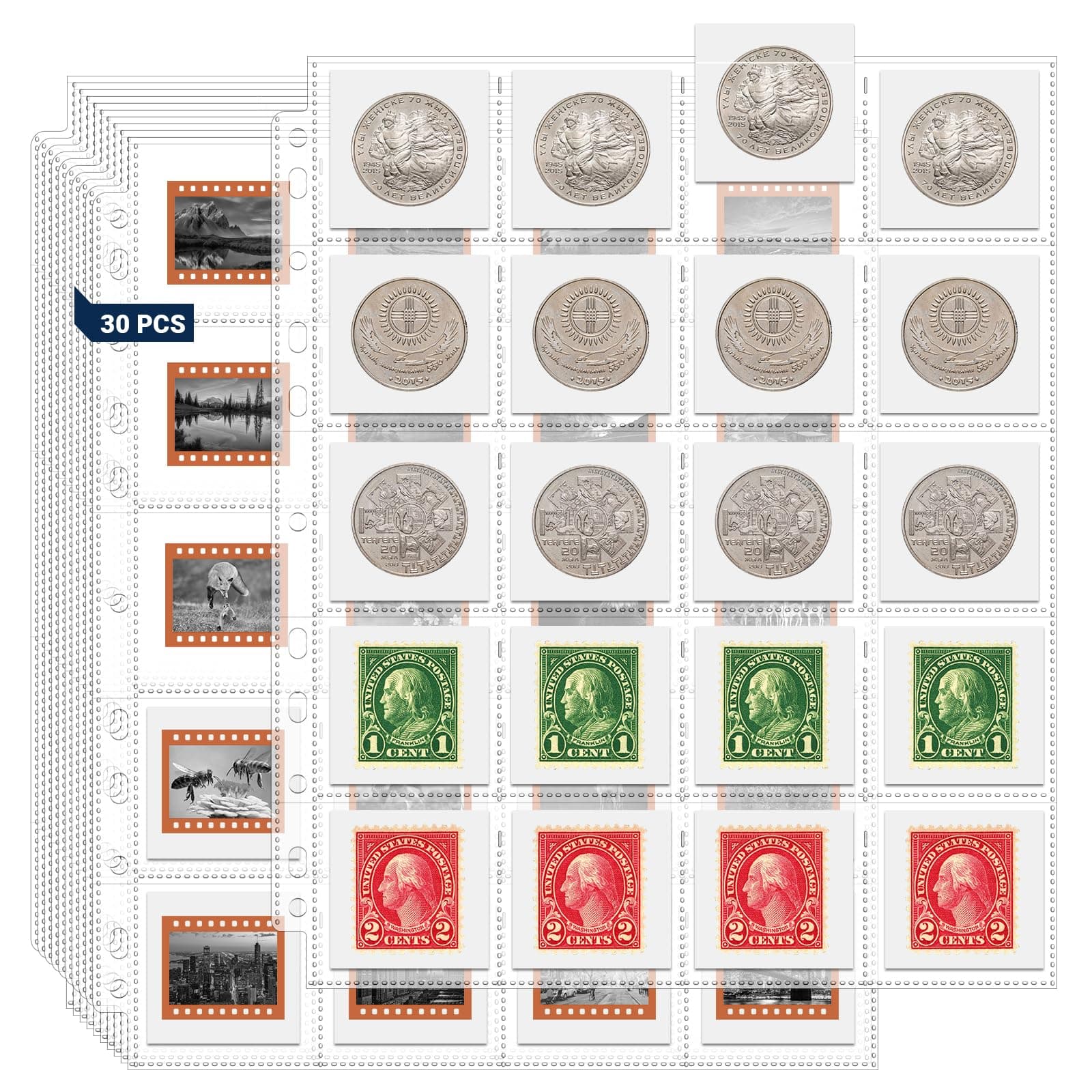 Protective Photo Slide Pages, 35mm Slide Storage Pages, 30 Pack 600 Pockets 2x2 Top Loading Coin Sleeves, Cardboard Coin Holder Sleeves, Stamp Collecting Supplies for 3 Ring Binder