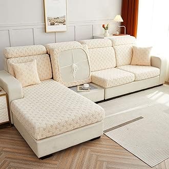 Jacquard Sofa Cushion Cover Couch Seat Covers Sofa Seat Cushion Slipcovers Sofa Cover, Plush Winter Warm High Stretch Fabric Washable Summer Furniture Protector (Beige Yellow,Small Headrest)