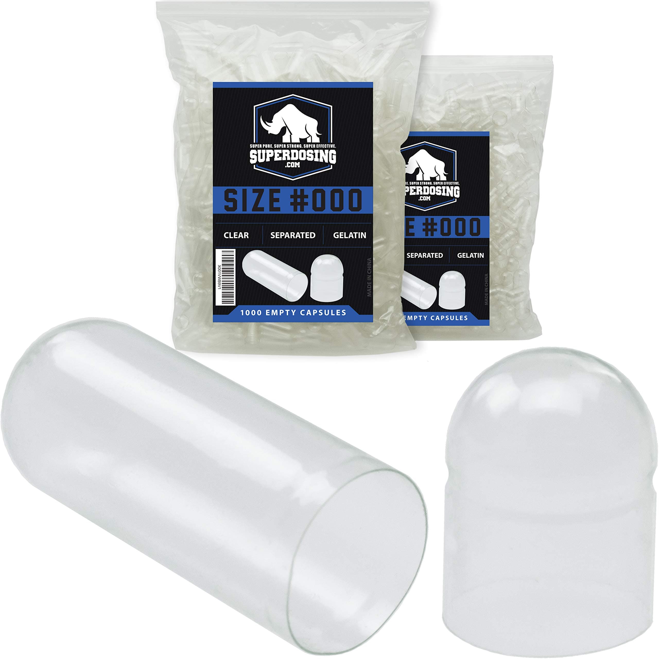 Pharma-Grade, Pre-Separated Size 000 Fillable Gel Capsules 1000 Bulk Pack in Resealable Bag. X-Large Flavorless Gluten-Free Gelatin Caps Snap Closed & Hold Securely for Custom Vitamins & Nootropics