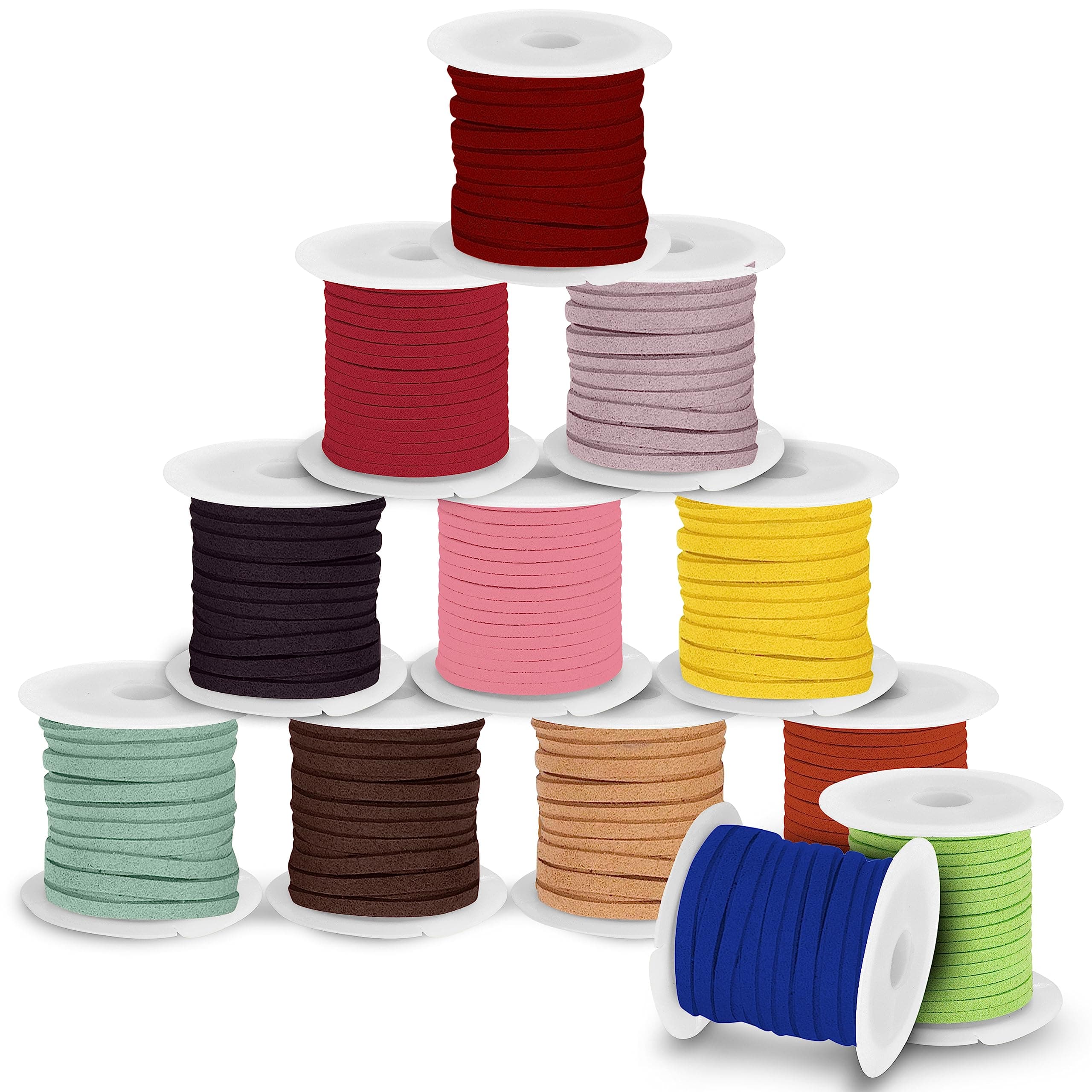 12 Pack Faux Suede Cord - Each Spool is 3mm Thick and 3 Meters/3.3 Yards Long - Colourful Flat Lace Cord Rolls - Leather String for Jewellery Making, Bracelets, Necklaces, Beading, Crafts