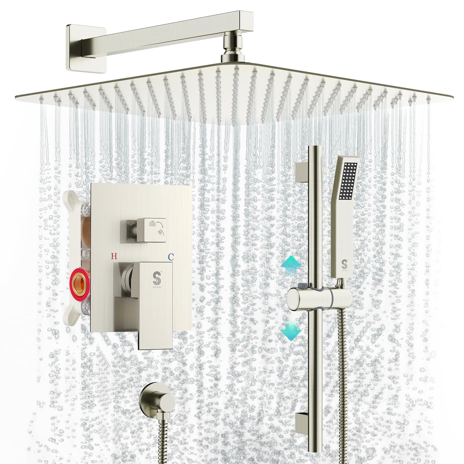 12 Inch Square Shower System, Rain Shower Head and Slide Bar Handheld Shower Faucet Wall Mounted Combo Set Included Valve and Trim Kit for Bathroom, Brushed Nickel