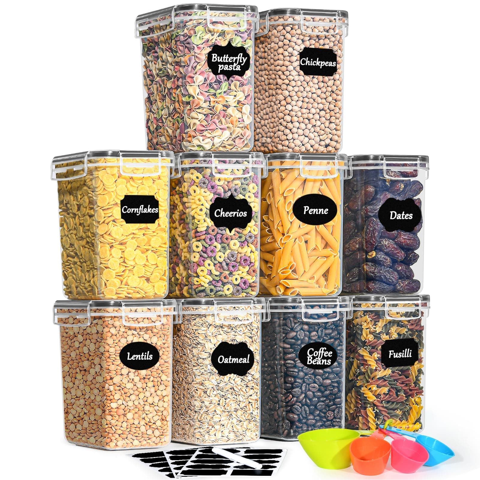 GoMaihe 1.6L Cereal Storage Containers Set of 10, Plastic Airtight Food Storage Containers with Lids, Storage Jars for Storing Pasta, Rice, Rlour, Dog, Cat, Cereal Dispenser Kitchen Organiser, Black