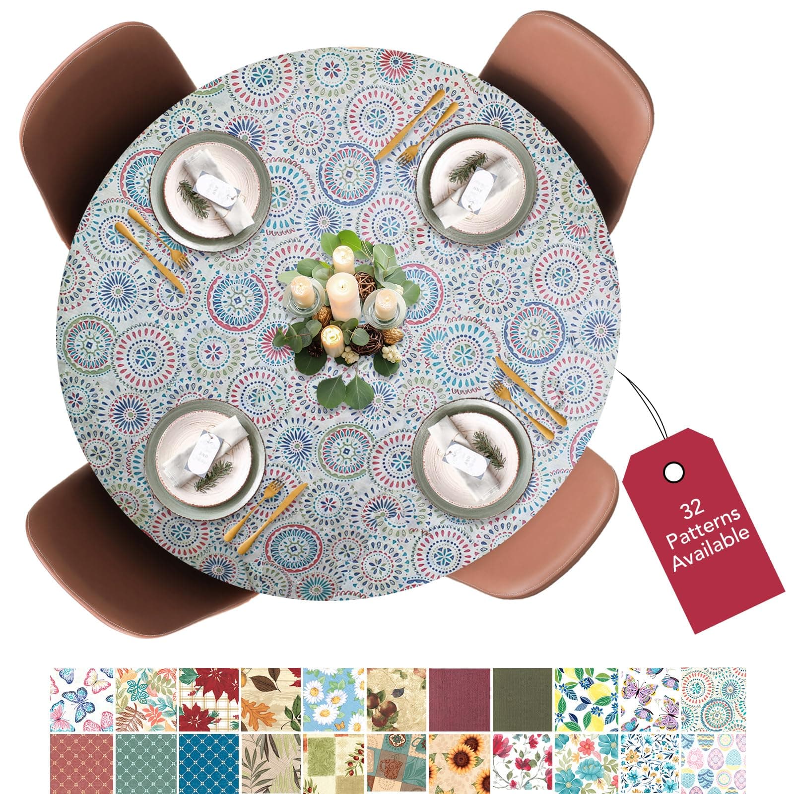 Covers For The Home Deluxe Elastic Edged Flannel Backed Vinyl Fitted Table Cover - Medallion Pattern - Small Round Oblong Oval - Fits Tables up to 40" - 44" Diameter