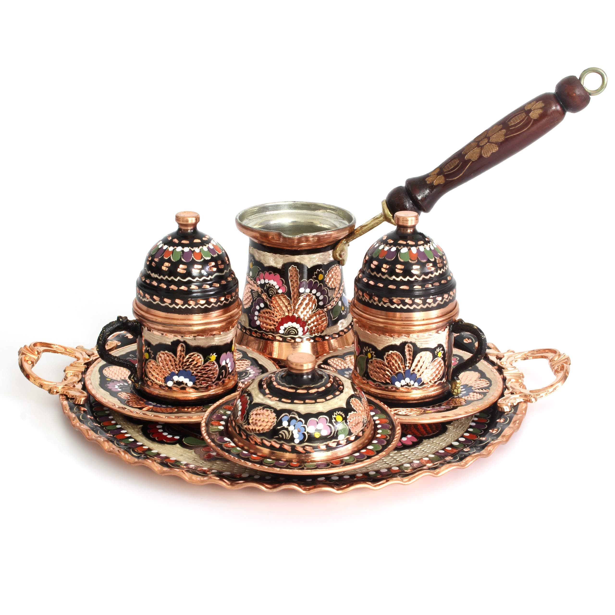 HANDCRAFT IDEAS 12-Pieces Turkish Coffee Set - Handmade Copper Turkish Coffee Cup Set for 2 Includes Cups, Saucers, Sugar Bowl, Pot, Tray - Unique Gift - Premium Copper Construction - [Floral Design]