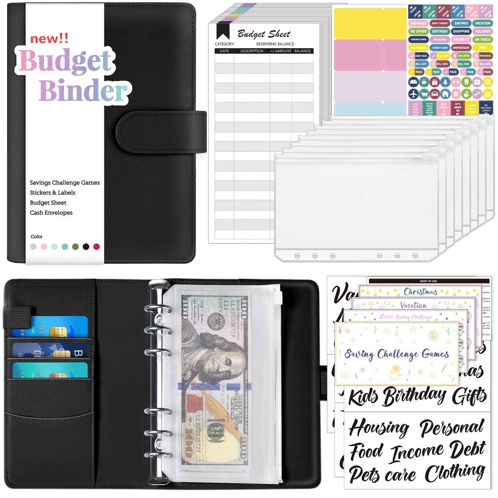 Sooez Budget Binder with Money Saving Challenge, Money Saving Binder with Cash Envelopes, Expense Sheets, Challenge Tracker & Category Labels, Envelope Savings Challenges Book for Home Office School