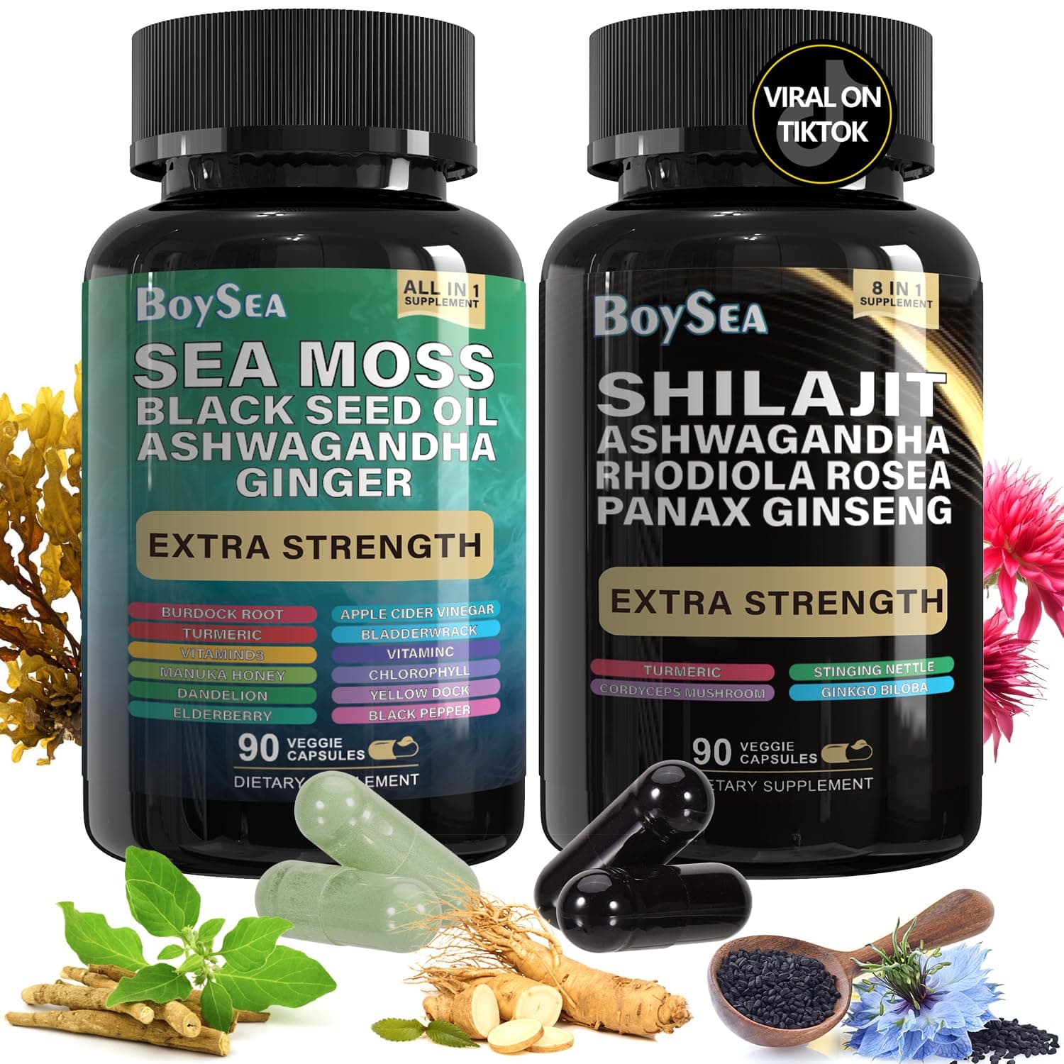 Boysea.Shilajit and Sea Moss Bundle- 90 Count - Sea Moss, Black Seed Oil, Ashwagandha, Ginger & Shilajit, Rhodiola Rosea, All in 1 Supplements (1 Pc)