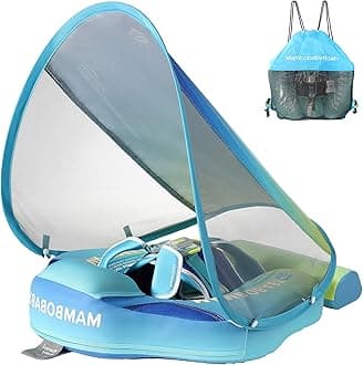 AnjeeIOT Mambobaby Float with Canopy Baby Float Non-Inflatable Baby Pool Float Solid Swimming Float Upgraded Add Tail Never Flip Over for Infant 3-24 Months, Rainbow Green