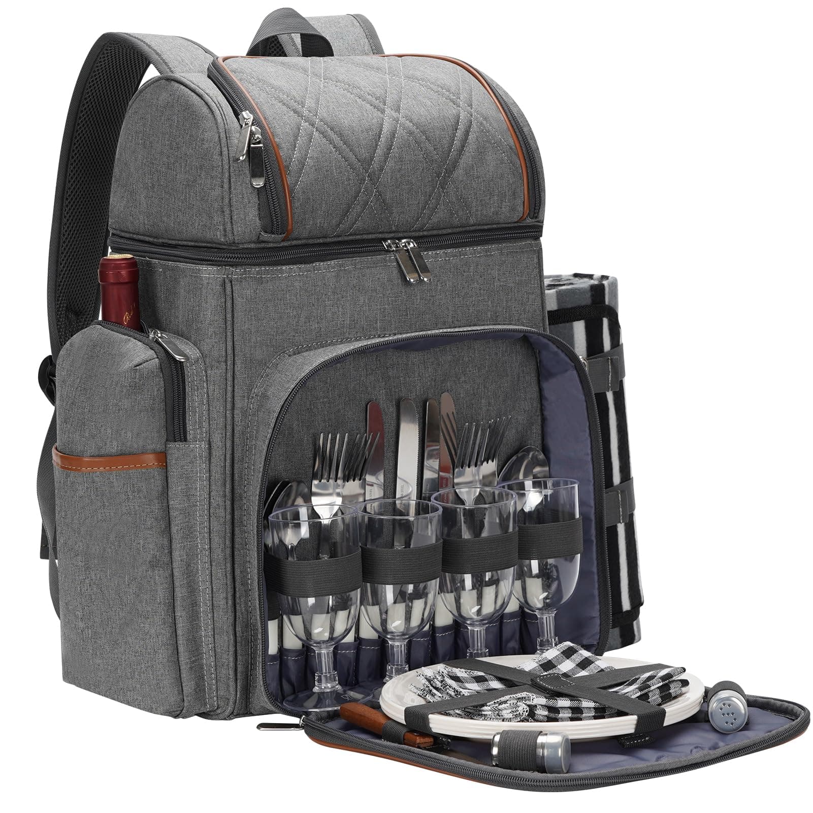 Picnic Backpack for 4, Picnic Basket Set, Leakproof Picnic Bag, Beach Cooler Backpack with Insulated Cooler Wine Pouch,Picnic Blanket, Double Deck Picnic Backpack for Beach,Camping,Park (Gray)