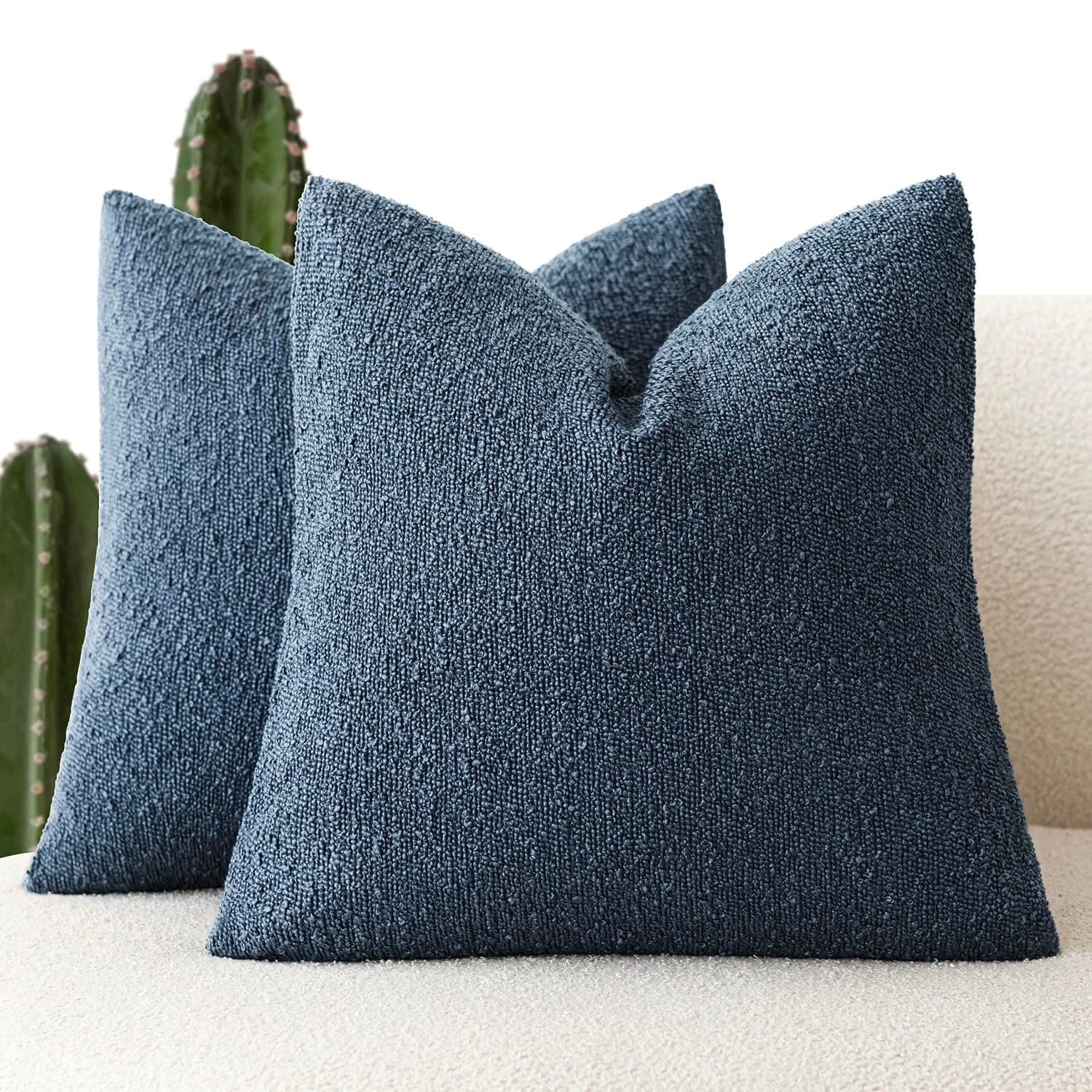Foindtower Set of 2, Decorative Textured Boucle Throw Pillow Covers Accent Solid Pillow Cases Neutral Couch Cushion Case for Chair Sofa Bedroom Living Room Home Decor 16x16 Inch Dark Blue