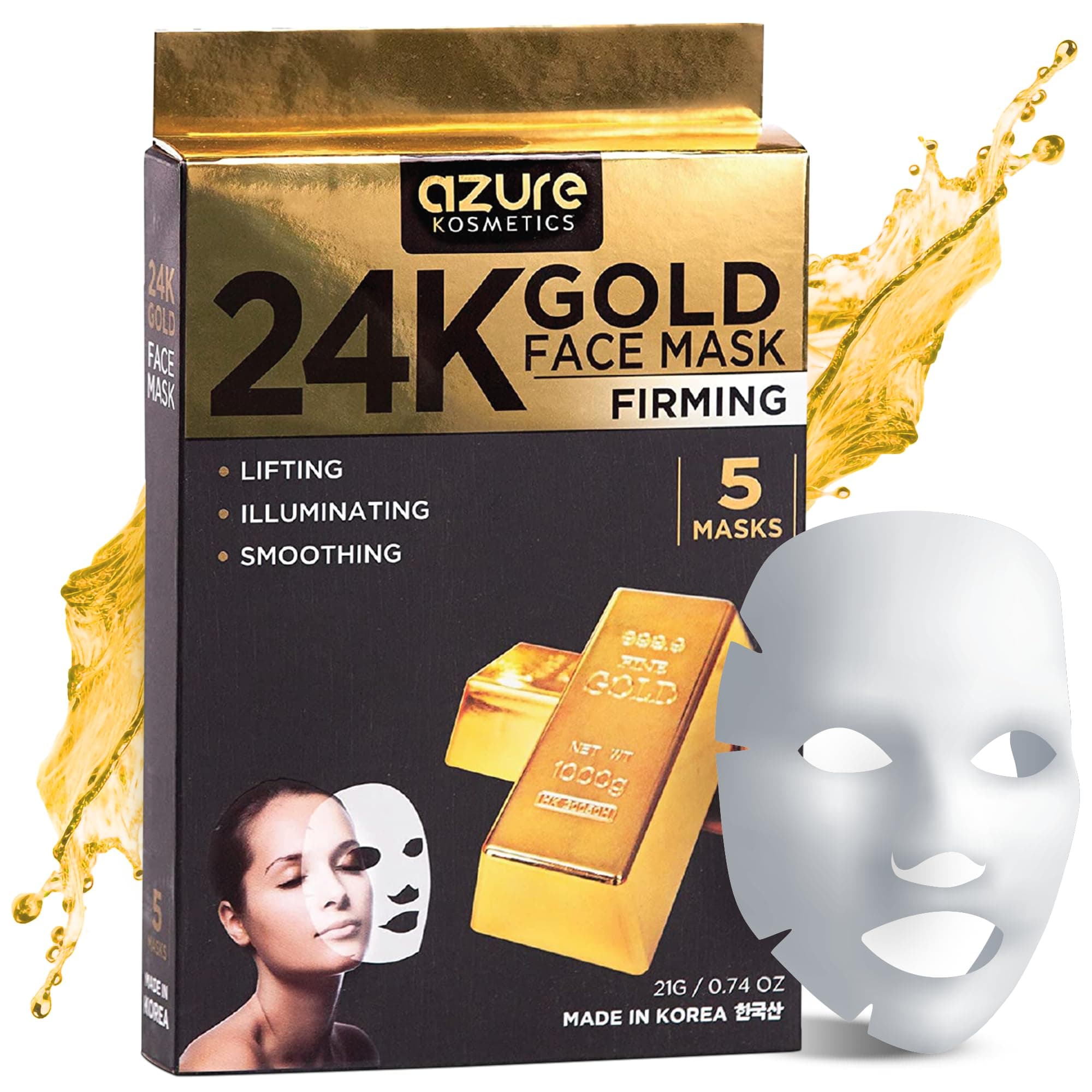 24K Gold Firming Face Mask- Anti Aging, Hydrating, Toning & Firming Facial Mask - Helps Reduce Wrinkles & Fine Lines with Hyaluronic Acid & Collagen - Made in Korea - Pack of 5