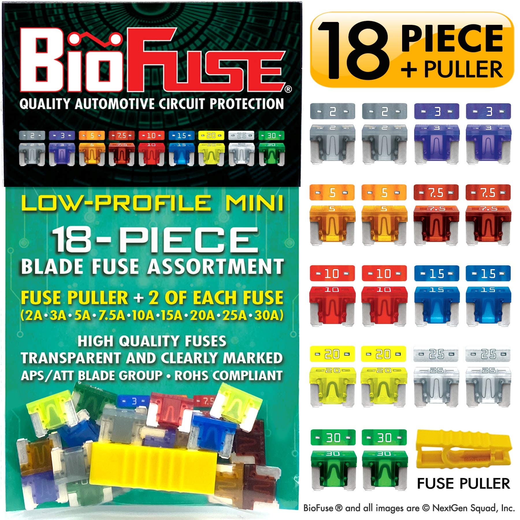 BioFuse 18pcs Low Profile Mini ATT Automotive Fuse Assortment Pack 18pcs LP-Mini Blade Fuses + Fuse Puller) 2A 3A 5A 7.5A 10A 15A 20A 25A 30A
