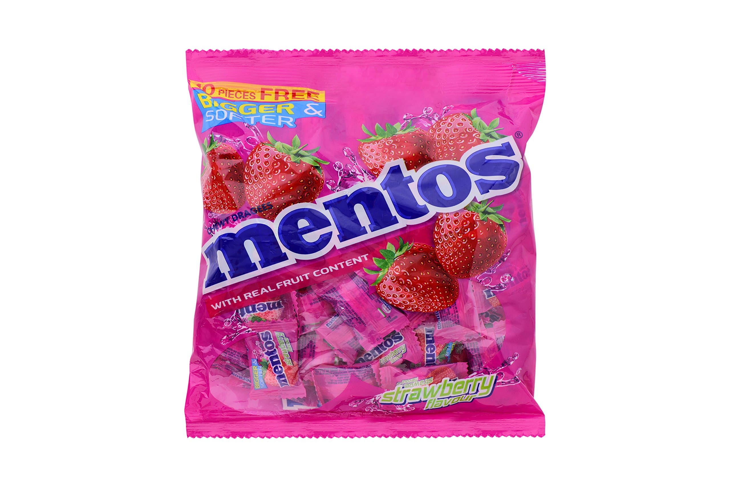 Mentos Strawberry Flavour, Chewy Candy Pouch, 374 G, 100 Pc (+10 Pc Free) Pouch, 374 gram