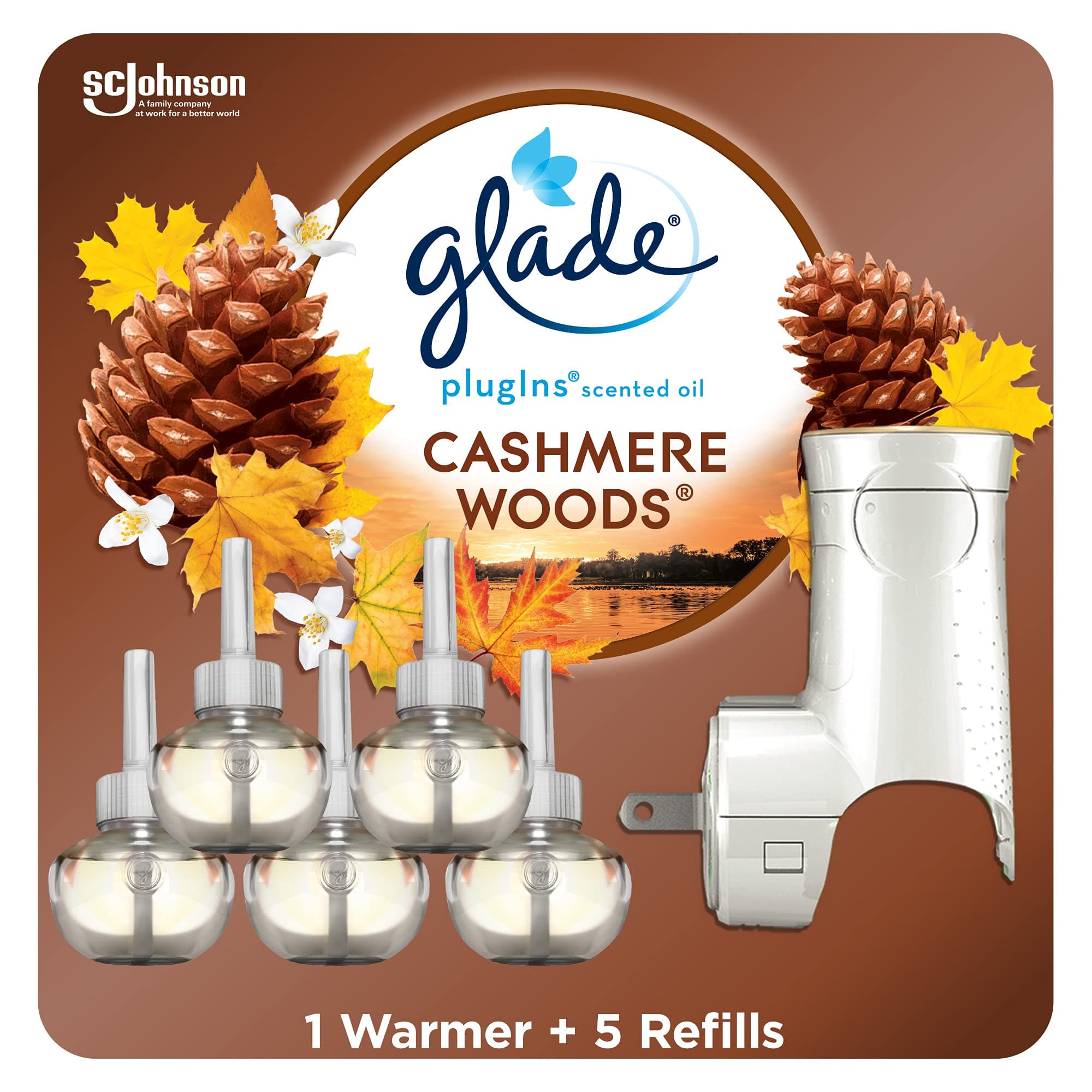 Glade PlugIns Refills Air Freshener Starter Kit, Scented and Essential Oils for Home and Bathroom, Cashmere Woods, 3.35 Fl Oz, 1 Warmer + 5 Refills