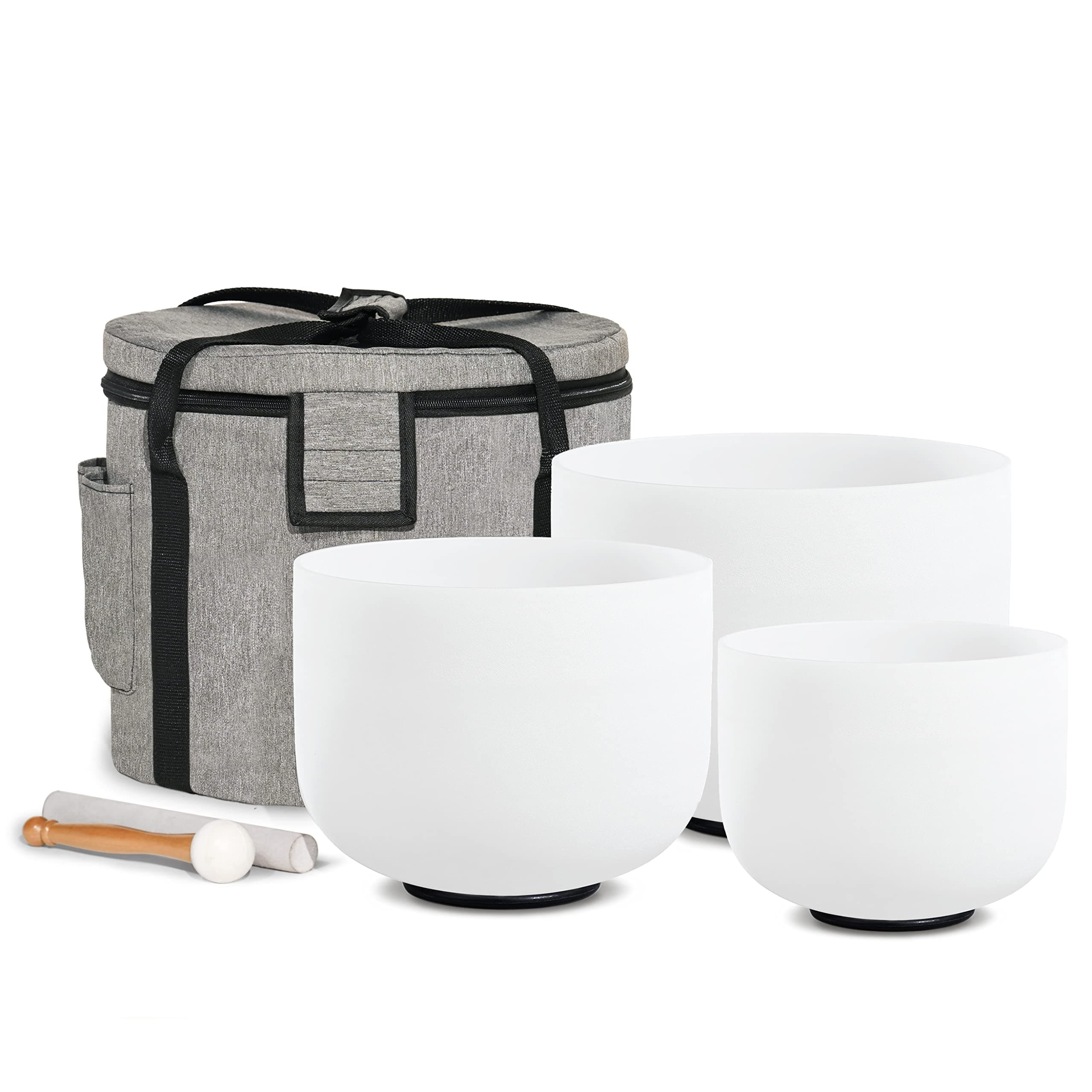 CVNC Set of 3 PCS 440HZ 6" A Note 8" F Note and 10" C Note Frosted Chakra Quartz Crystal Singing Bowl with Carry Case Bag for Sound Healing Meditation