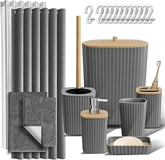 Clara Clark Bathroom Accessories Set - Bathroom Accessory Set with Shower Curtain Set, Toilet Brush, Trash Can & Soap Dispenser & Rugs (Grey, Complete Set + Bath Rugs)