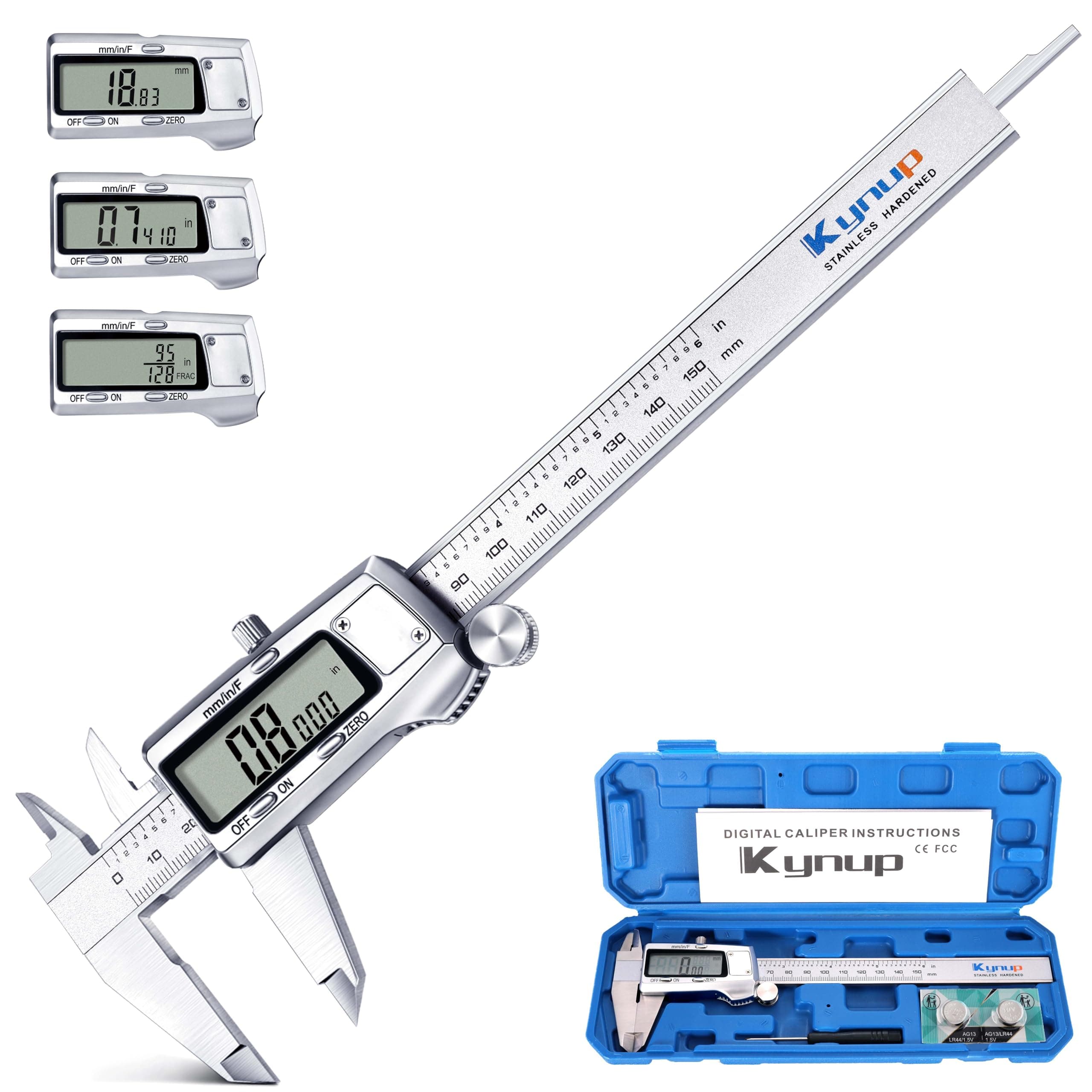 Kynup Digital Caliper, Caliper Measuring Tool, Micrometer Dial Vernier Caliper with Large LCD Screen, Full Turn Off, Stainless Steel, Switch from Inch Metric Fraction (6Inch/150MM)