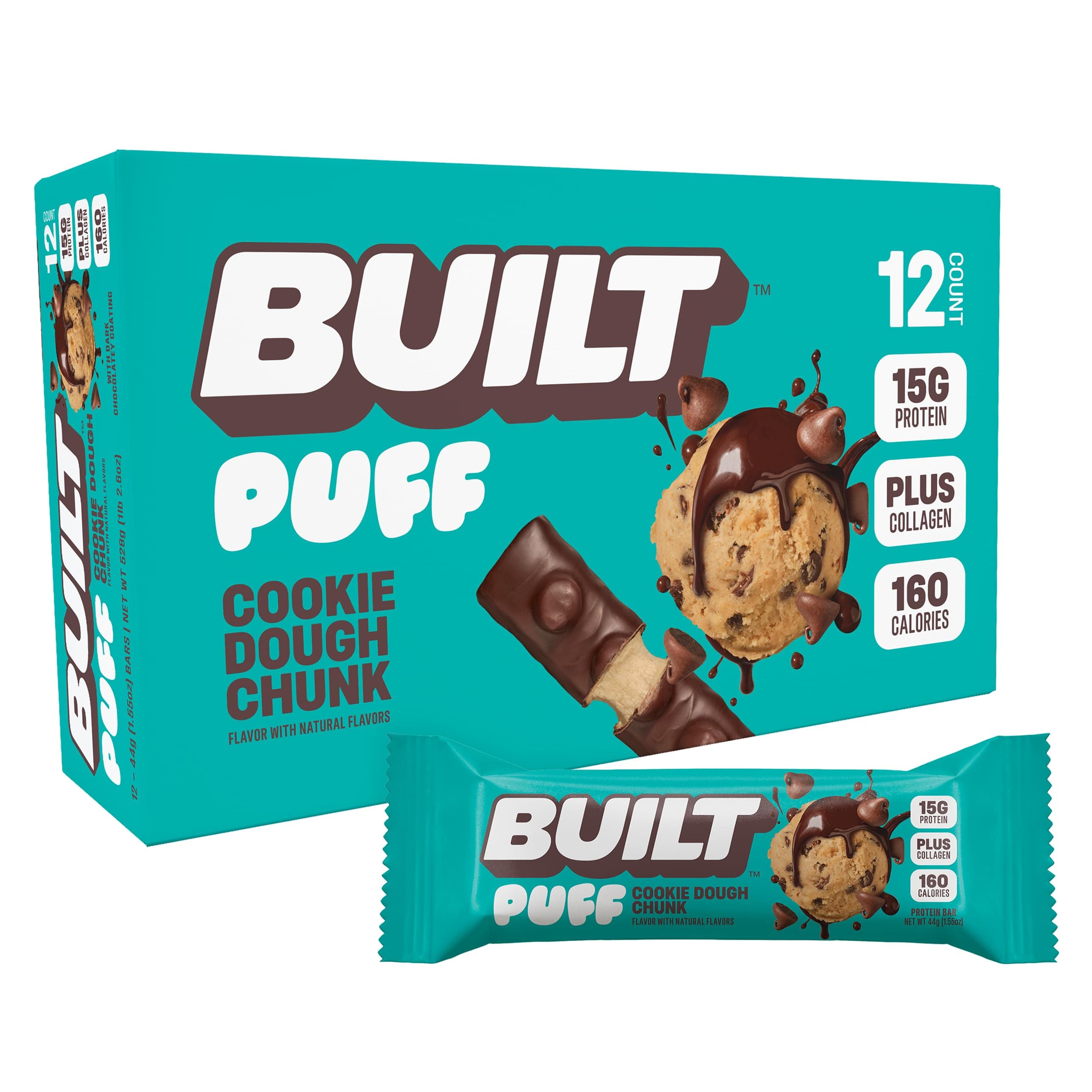 Puff Protein Bars - Cookie Dough - 15g Protein Snack Bars with Collagen - Calorie Conscious, No Gluten Free - 12 Count