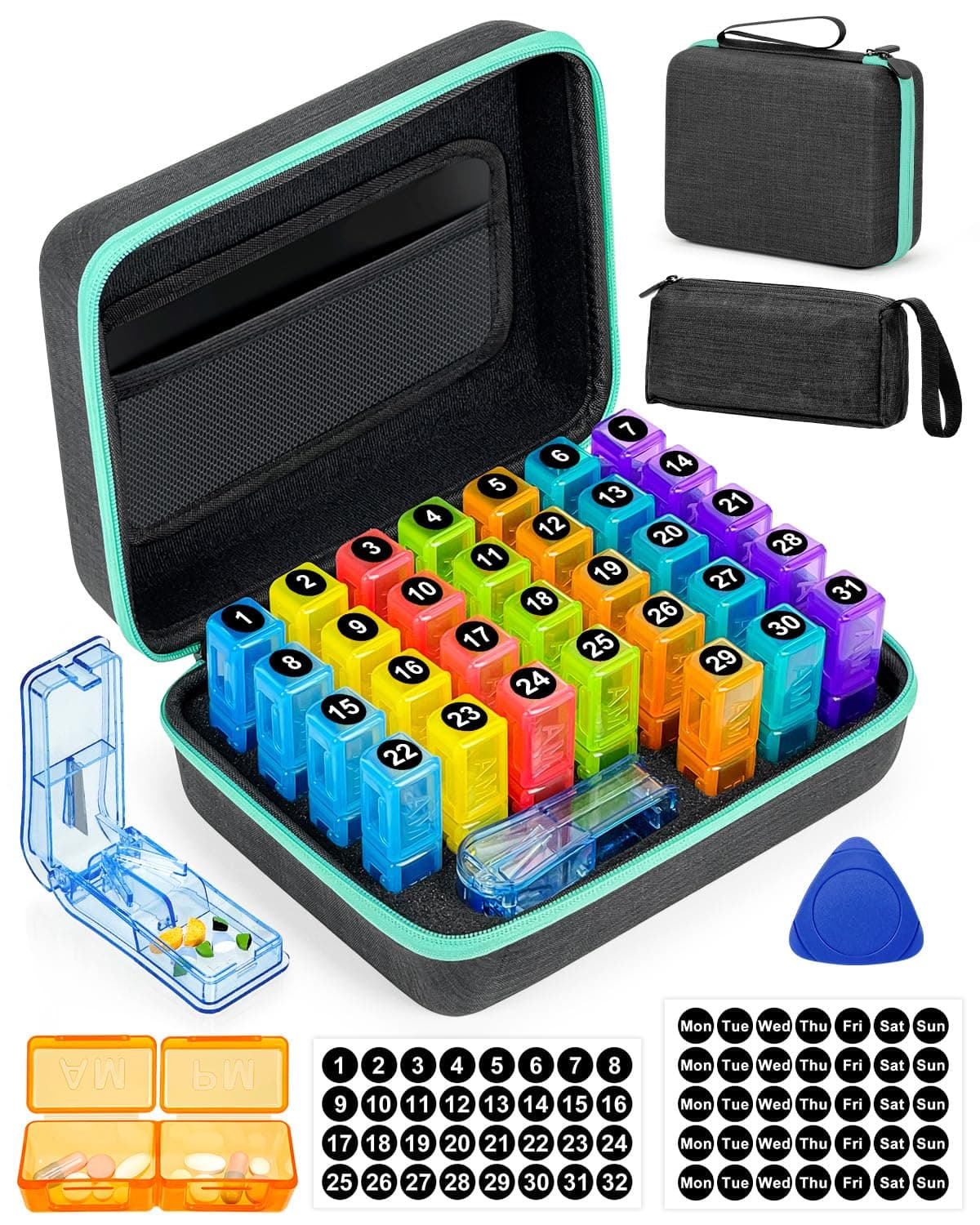 Monthly Pill Organizer 2 Times a Day, with Portable Hard Shell, Pill Cutter, 31-Day Box, Plastic Opening Pick, Monthly & Weekly Stickers, Convenient Medication Management (2 Times a Day)