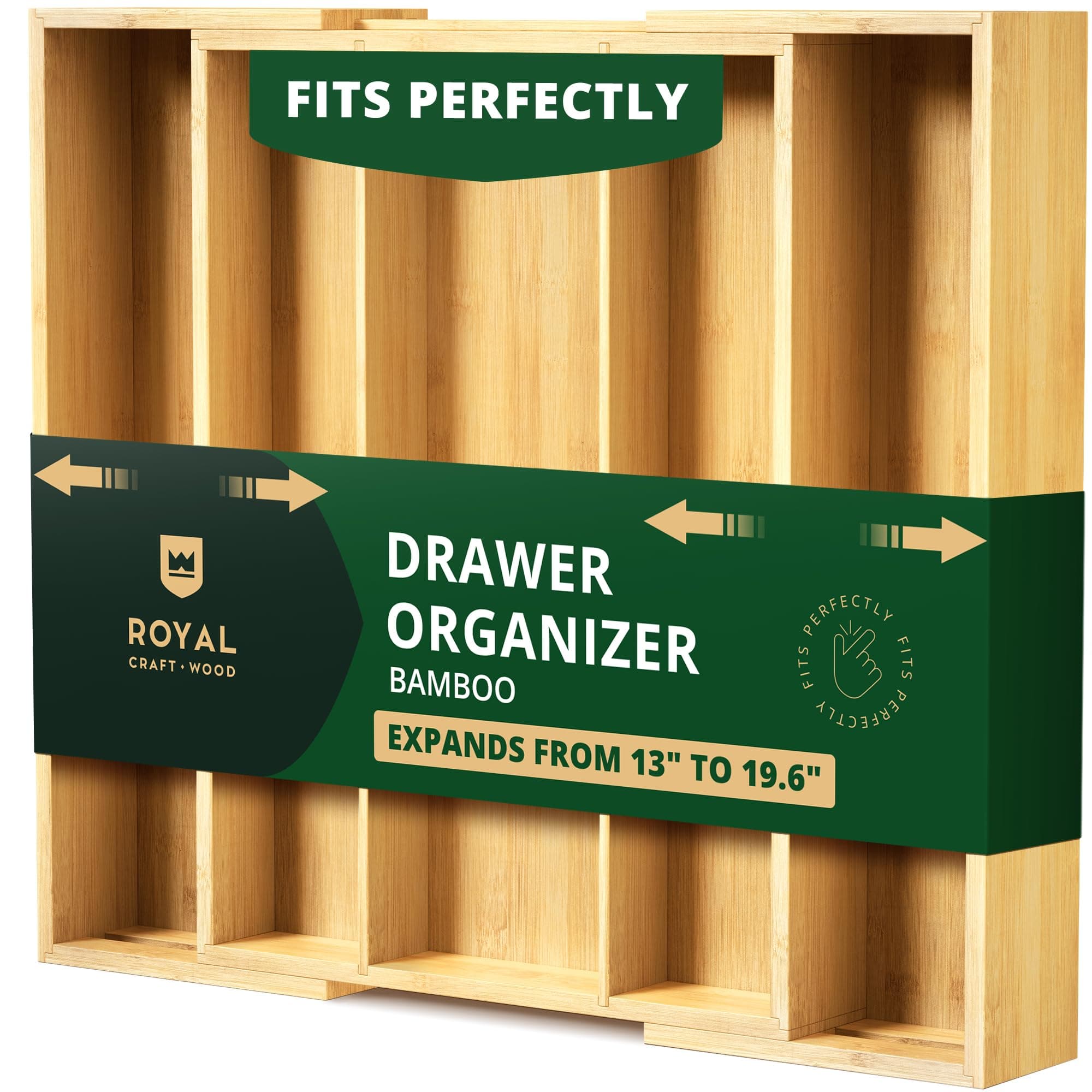 ROYAL CRAFT WOOD Luxury Bamboo Kitchen Drawer Organizer - Silverware Organizer - Utensil Holder and Cutlery Tray with Grooved Drawer Dividers for Flatware and Kitchen Utensils (5 Slot, Natural)
