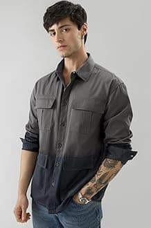 The Souled Store Blue Bonnet Men and Boys Long Sleeves Collared Neck Buttoned Front Regular Fit Cotton Utility Shirts