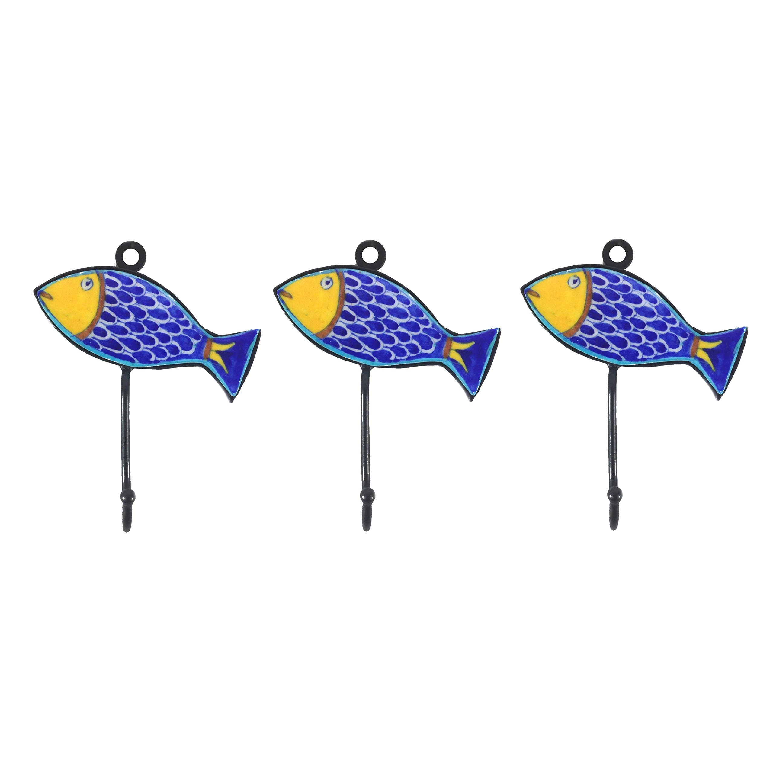 Pottery & Iron - Beach House Fish Wall Hooks - Set of 3 - Iron Hangers for Coats, Aprons, Hats, Towels, Pot Holders (Blue)