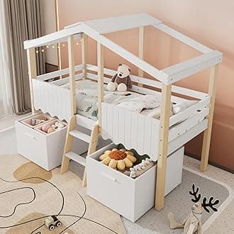 Wooden House Bed with 2 Large Drawers and Slatted Frame, Solid Pine Wood Cabin Bed Frame, 3ft Single Tree House Canopy Beds Children's Storage Beds With Ladder and Guard Rail, 190x90 cm, White