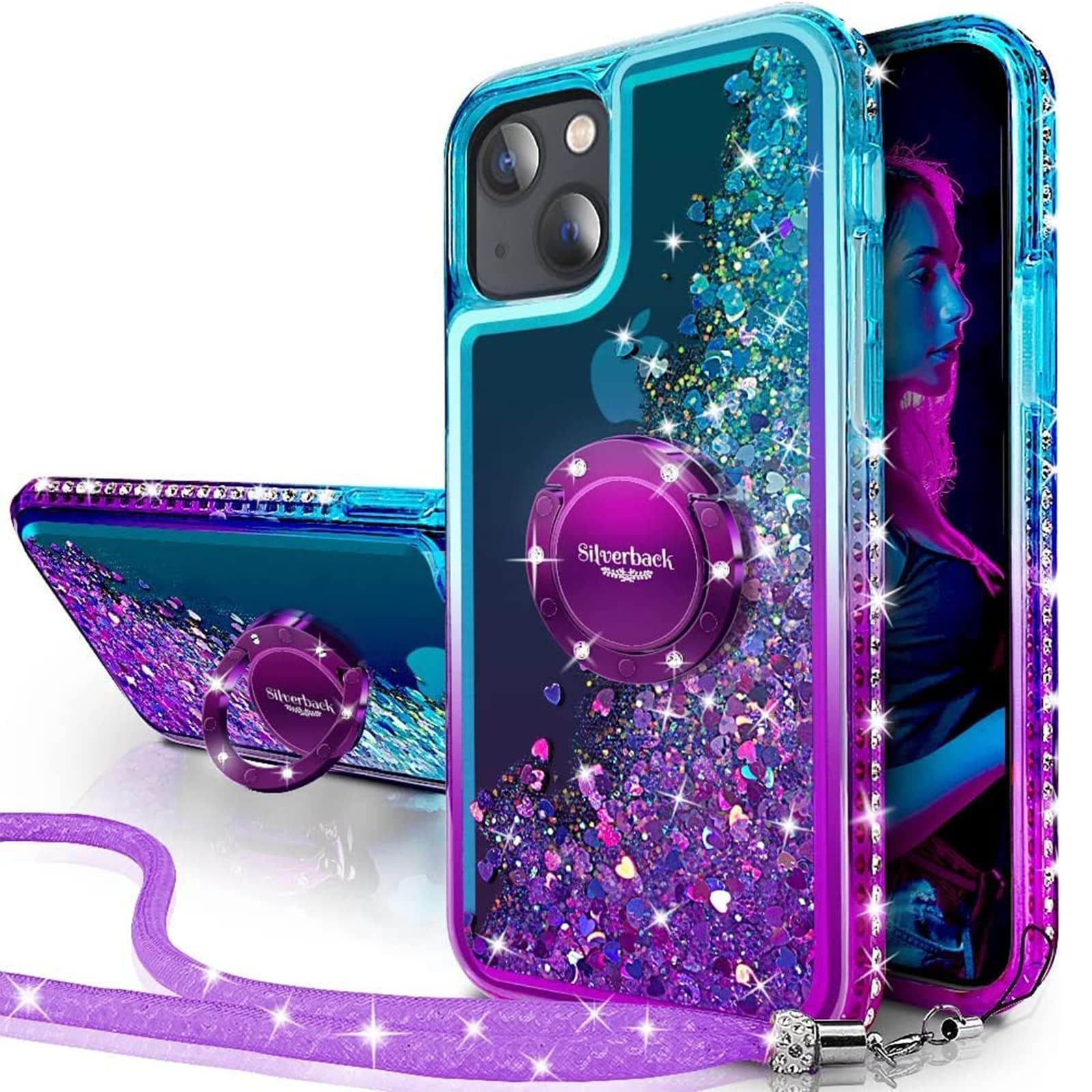 Silverback for iPhone 14 Case, Moving Liquid Holographic Sparkly Glitter Case With Kickstand and Lanyard, Women Girls Bling Diamond Ring Shockproof Protective Cover for iPhone 14 6.1''- Purple