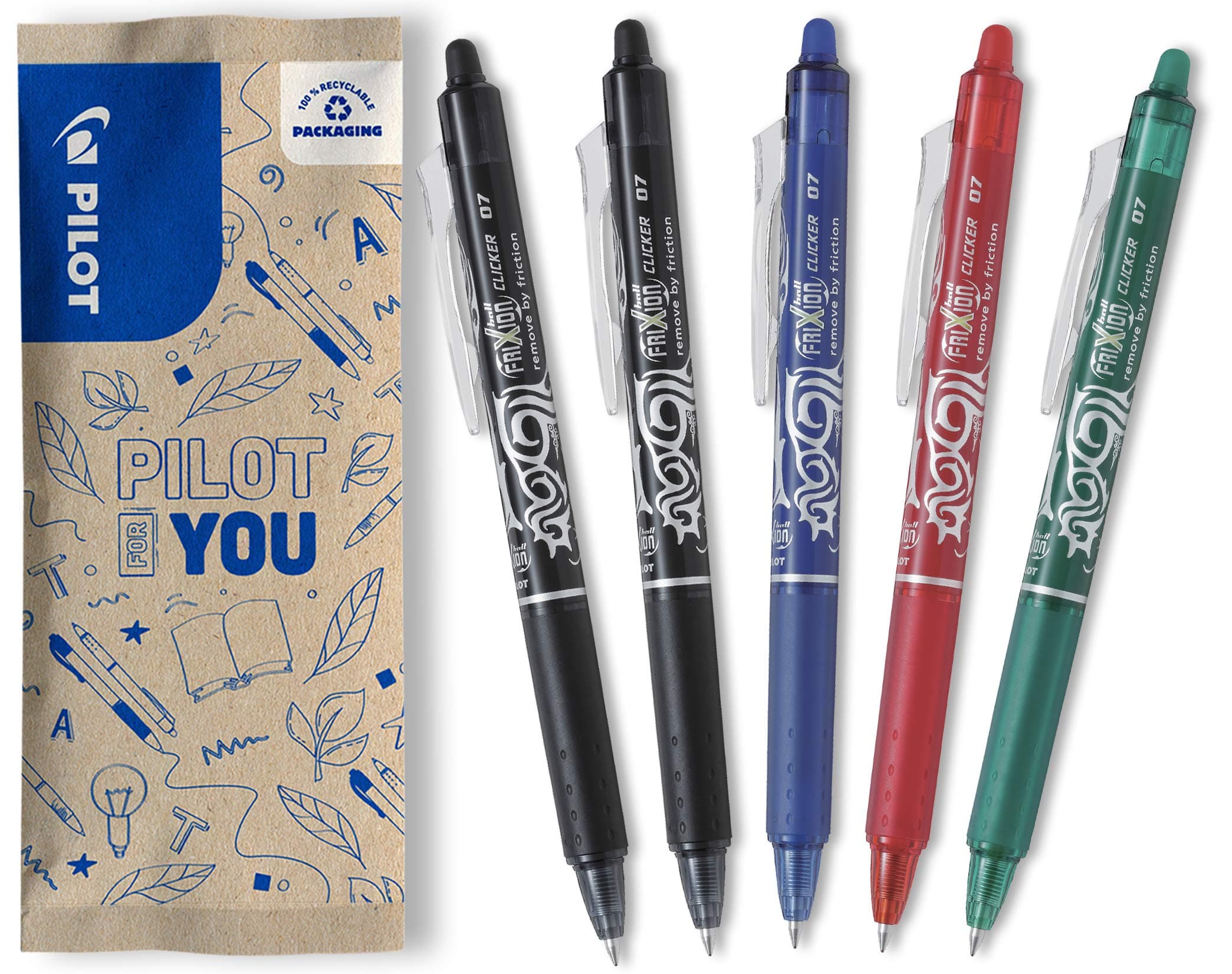 PILOT - FriXion Ball Clicker Erasable Pen - 0.7mm Tip Rollerball - 5 x Assorted Colour Pens - Black, Blue, Red, Green