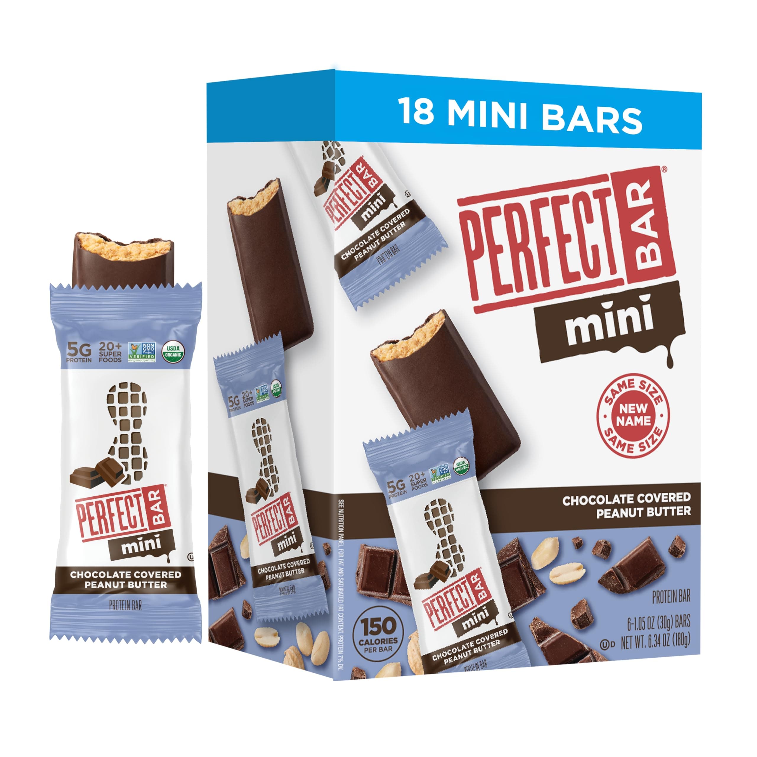 Perfect Bar Mini, Chocolate Covered Peanut Butter Protein Bar, Protein Snack, Snack Bar, Organic, Gluten Free, Soy Free, Non GMO, No Sugar Alcohols, 1.05 Ounce Bar, 18 Count
