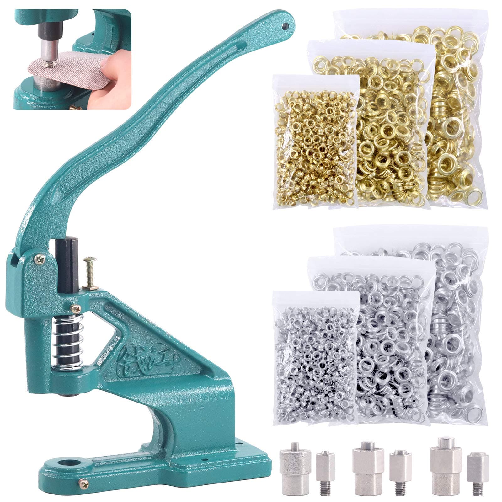 Hilitchi Heavy Duty Hand Press Grommet Eyelet Machine Punch Tool with 3 Dies #0#2#4 (1/4, 3/8, 1/2 Inch) and with 1500Pcs Golden and 1500Pcs Silver Grommets Eyelet Kit