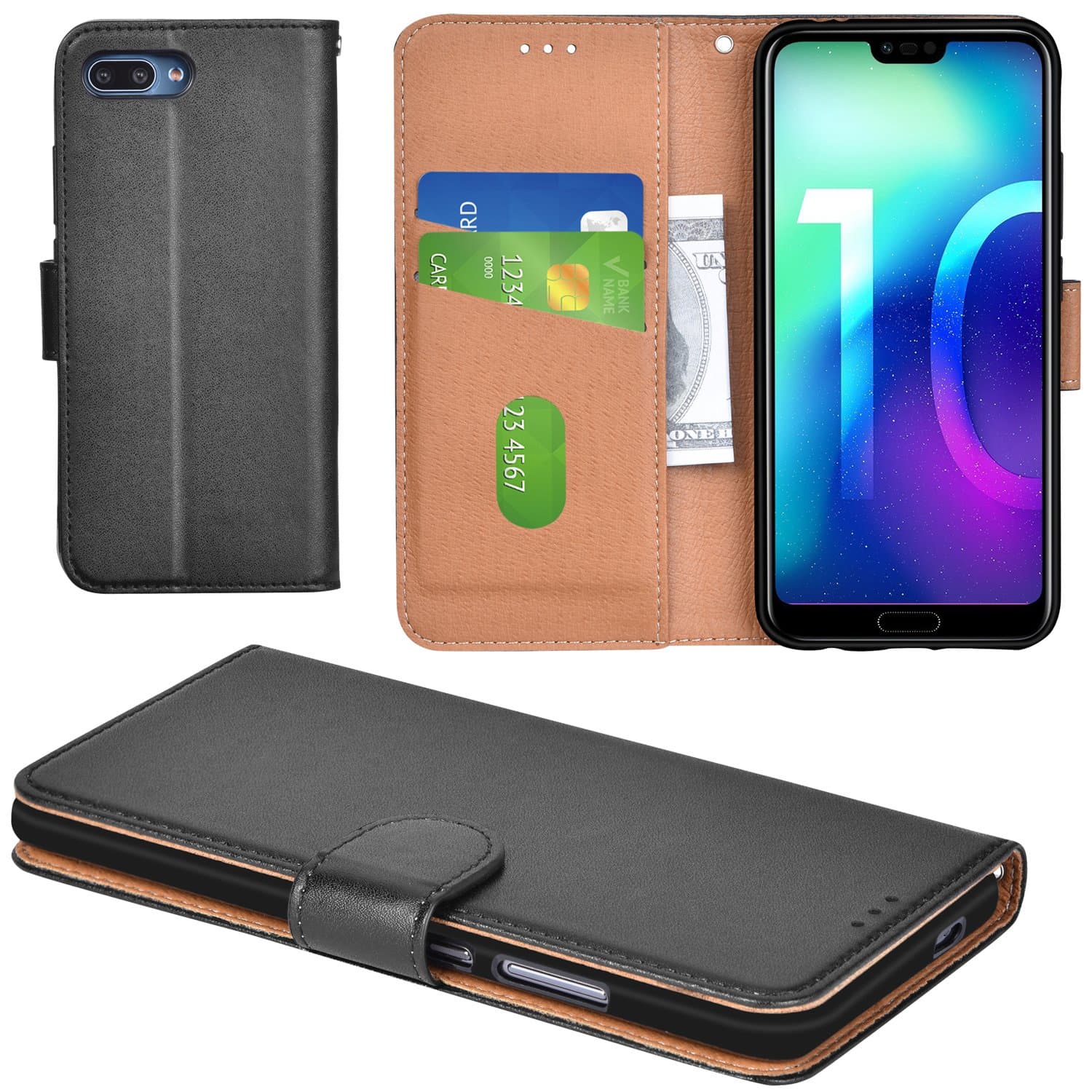 Honor 10 Case Flip Cover Leather Wallet Phone Case for Huawei Honor 10 - Black