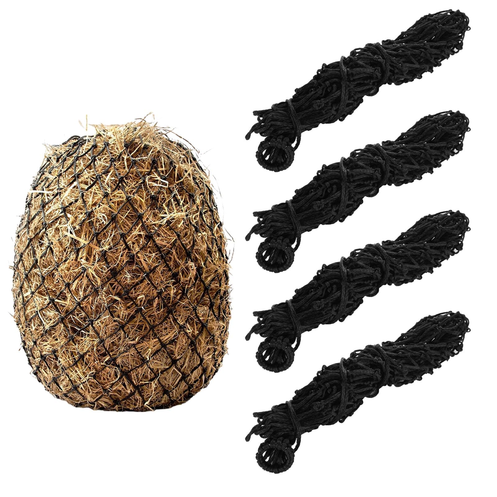 SHUESS4 PCS Slow Feed Hay Net, Hanging Horse Feed Net, 40 Inch Length with 2 Inch Holes, Hay Bag Hay Net for Horses, Hanging Hay Feeder for Goats, Reduce Waste, Black