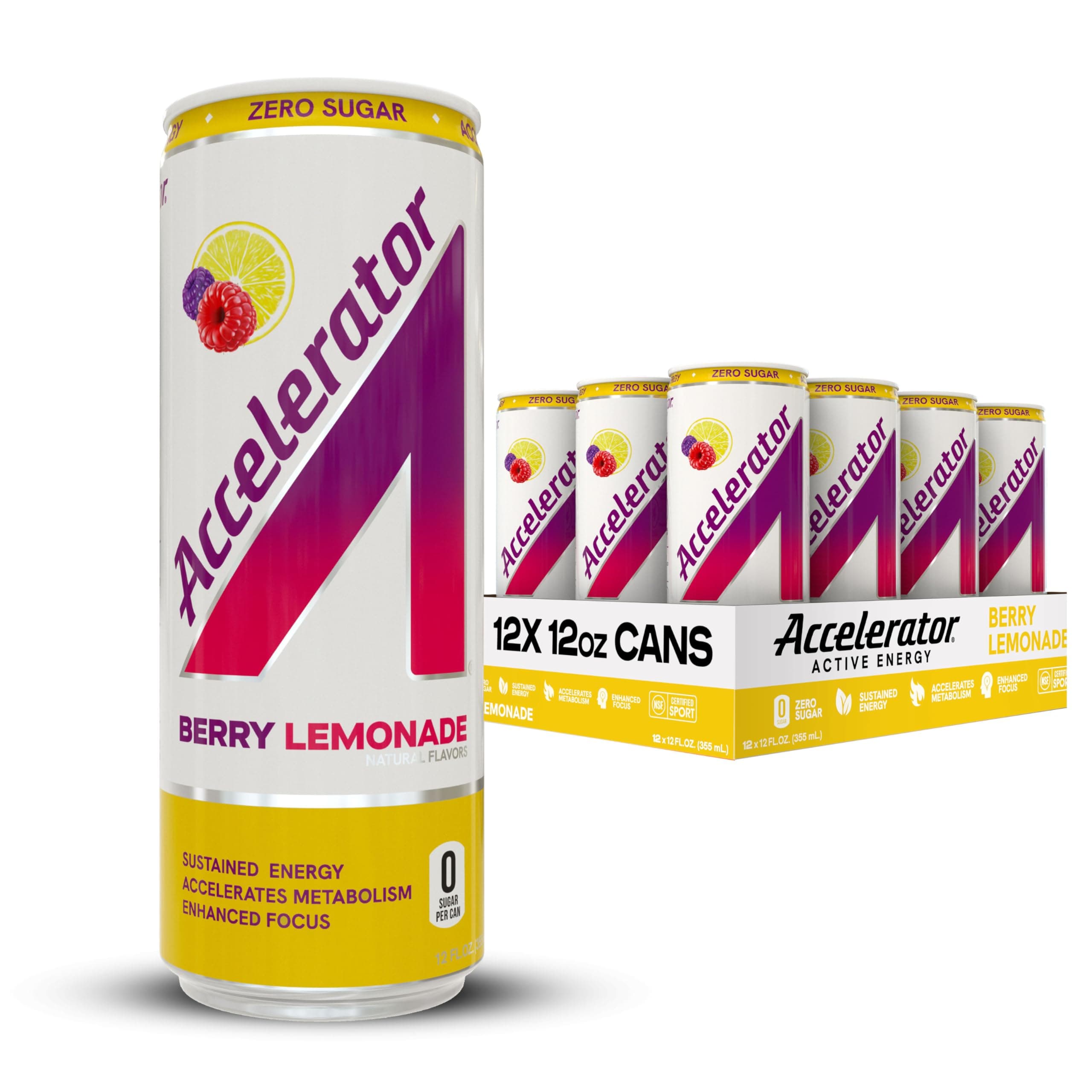 Accelerator Energy Drink, Berry Lemonade 12oz can (12 pack), Zero Sugar, Sustained Energy from 100% Natural Caffeine (200mg from Green Coffee Bean & Green Tea extract)