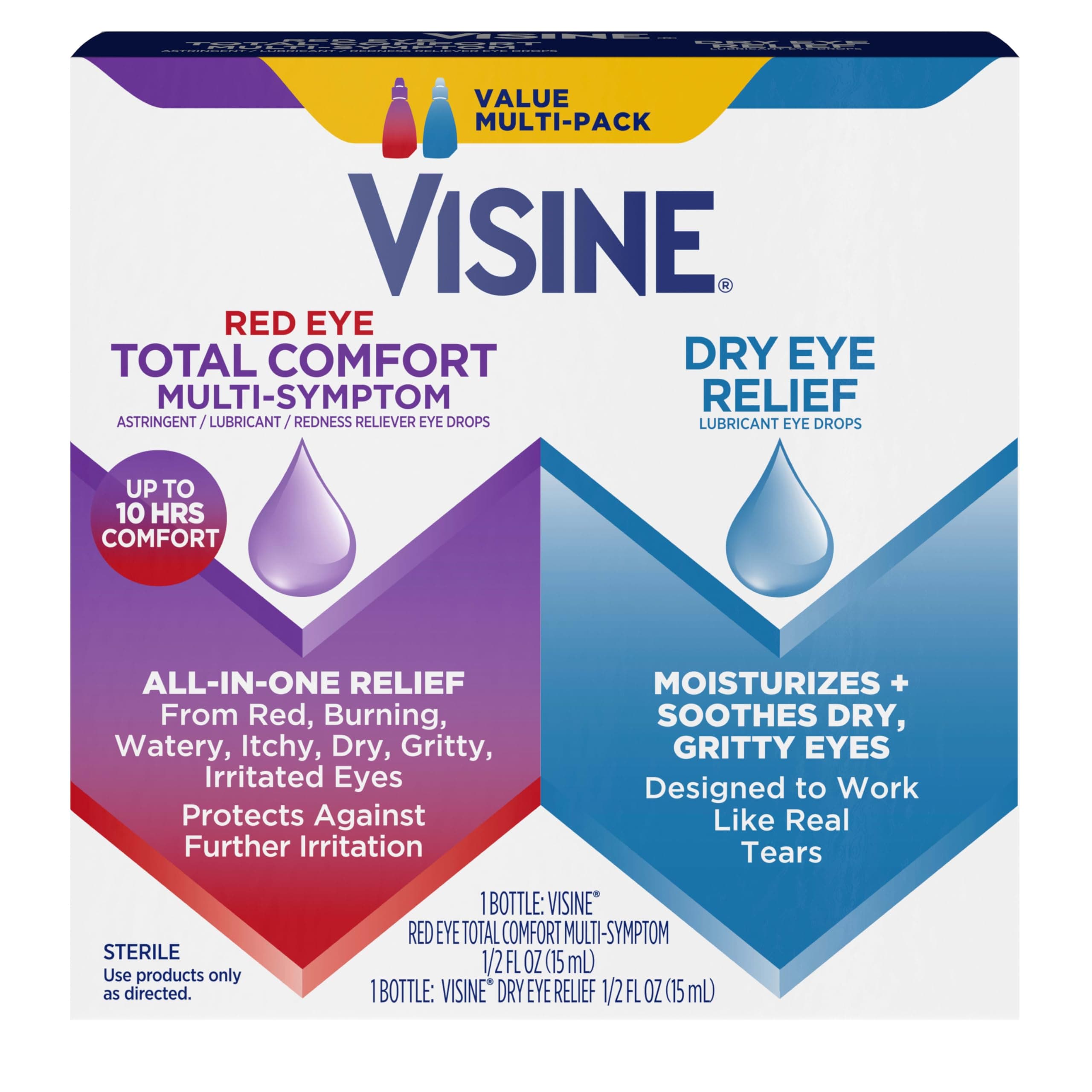 Visine Red Eye Total Comfort Multi Symptom All-in-One Astringent, Lubricant & Redness Reliever Drops & Dry Eye Relief Lubricant Drops, Multipack, 2 Items