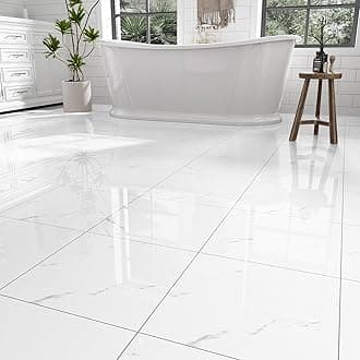 30-Pack Peel and Stick Floor Tiles Vinyl Floor 12 x 12 inch Self Adhesive Waterproof Glossy Flooring Planks DIY for Bathroom, Kitchen, Living Room, RV, Cover 30 Sq. Ft, Polish White Marble