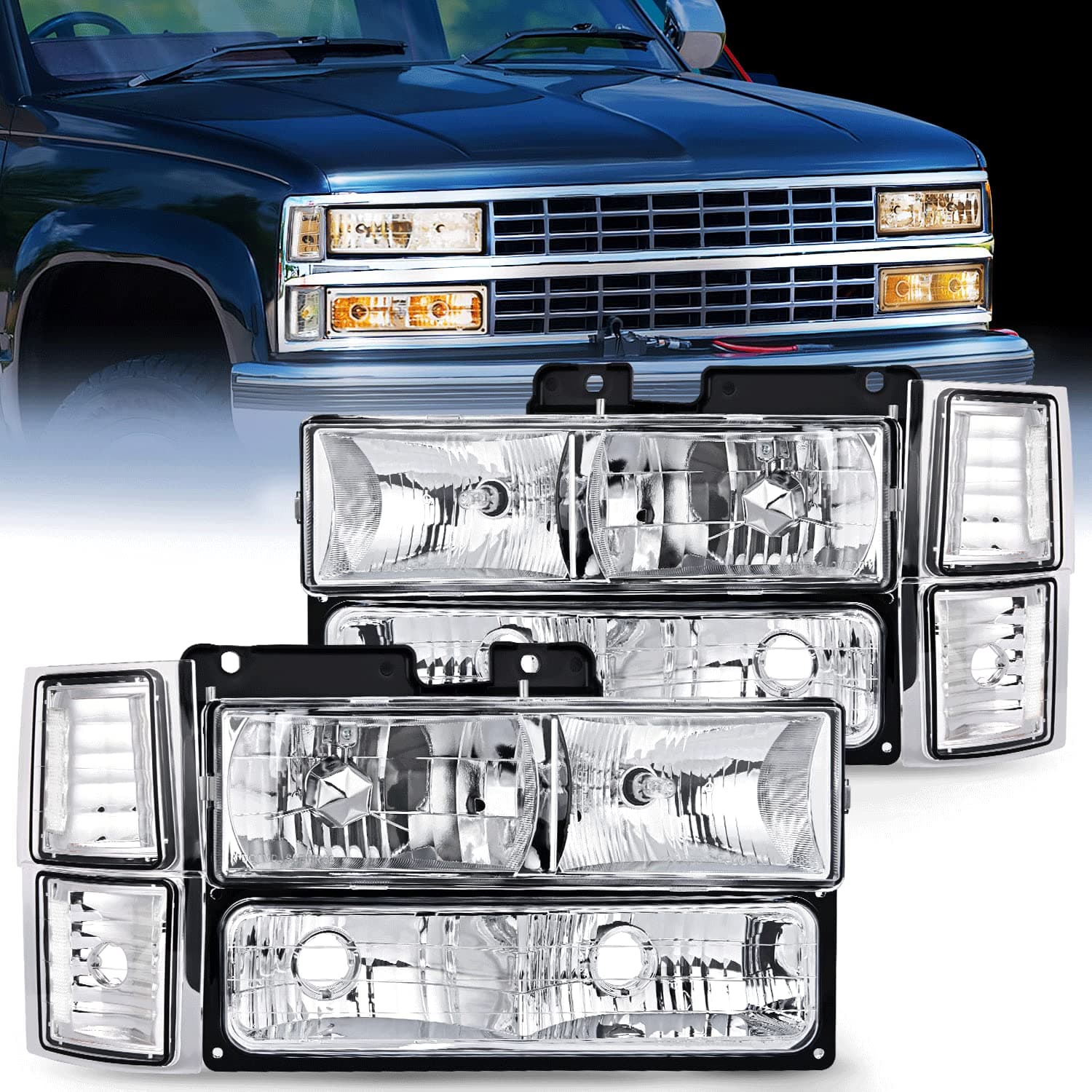 Nilight Headlight Assembly for 1994 1995 1996 1997 1998 Chevy Silverado Tahoe Suburban C10 C/K 1500 2500 3500 Replacement Headlamp Chrome Housing Clear Reflector Bumper Corner Lamp, 2 Years Warranty