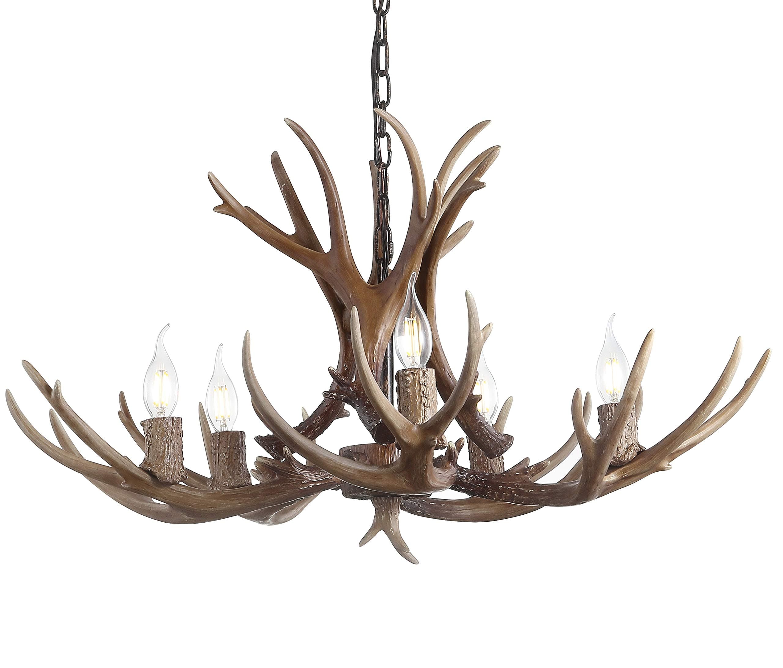 JONATHAN Y 26" Brown Rustic Resin Antler 4-Light LED Chandelier, Farmhouse Faux Deer Horn Hanging Ceiling Light for Dining Room, Kitchen Island, Adjustable Light Fixture (JYL6300A)