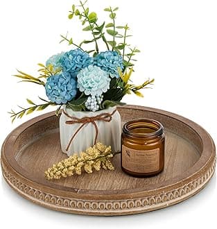 Hanobe Wooden Decorative Tray Round Rustic Beaded Tray for Sofa Table Farmhouse Kitchen Counter Sideboard Vintage Style Table Decor for Living Room Candle Holder Organizer for Home Brown
