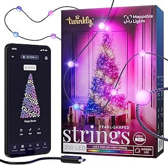 Twinkly Strings USB-C Pearls 200 LED, Pearl Shaped LED Light String, Christmas Lights, RGB Multicolor LED Lights, Mappable LEDs, Compatible with Alexa, Google Home, USB-C Power, Green Wire, 12m